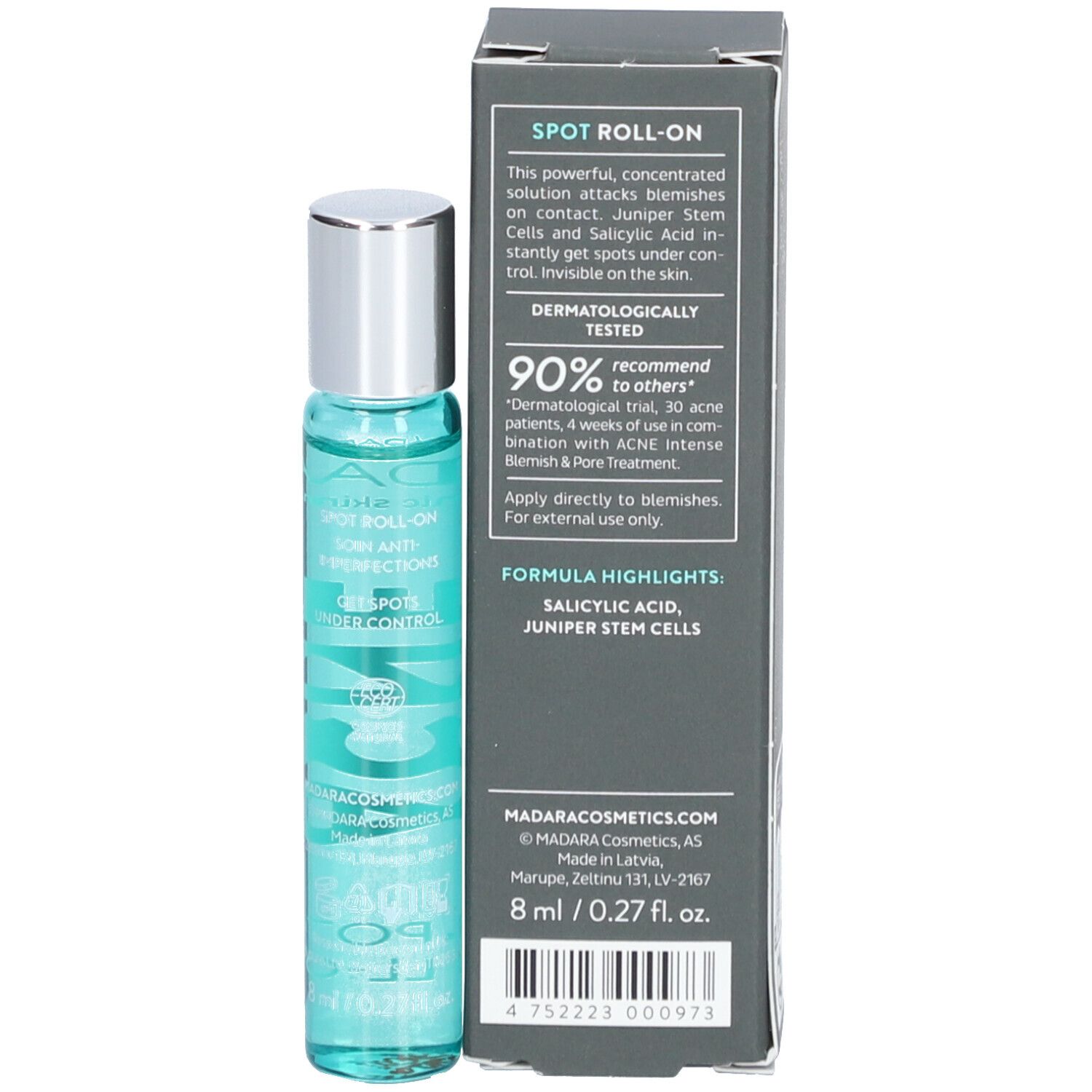 Produkt und Verpackung. Text: SPOT ROLL-ON, dermatologisch getestet, 90% empfehlen. Inhaltsstoffe: Salicylsäure, Wacholder-Stammzellen.