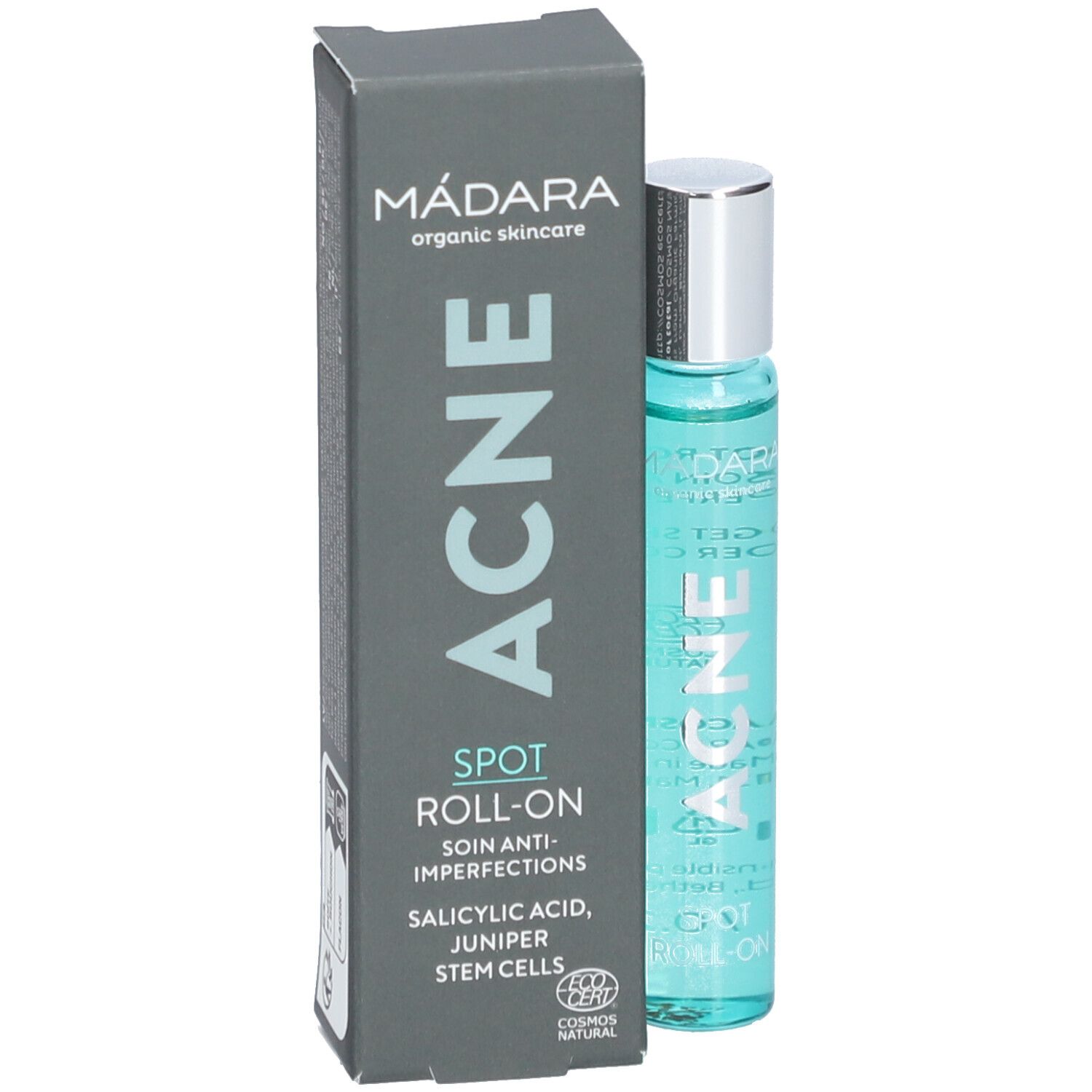 Produkt und Verpackung. Roll-on-Flasche und Schachtel. Text: ACNE, SPOT ROLL-ON, Salicylsäure, Wacholder-Stammzellen. COSMOS NATURAL.