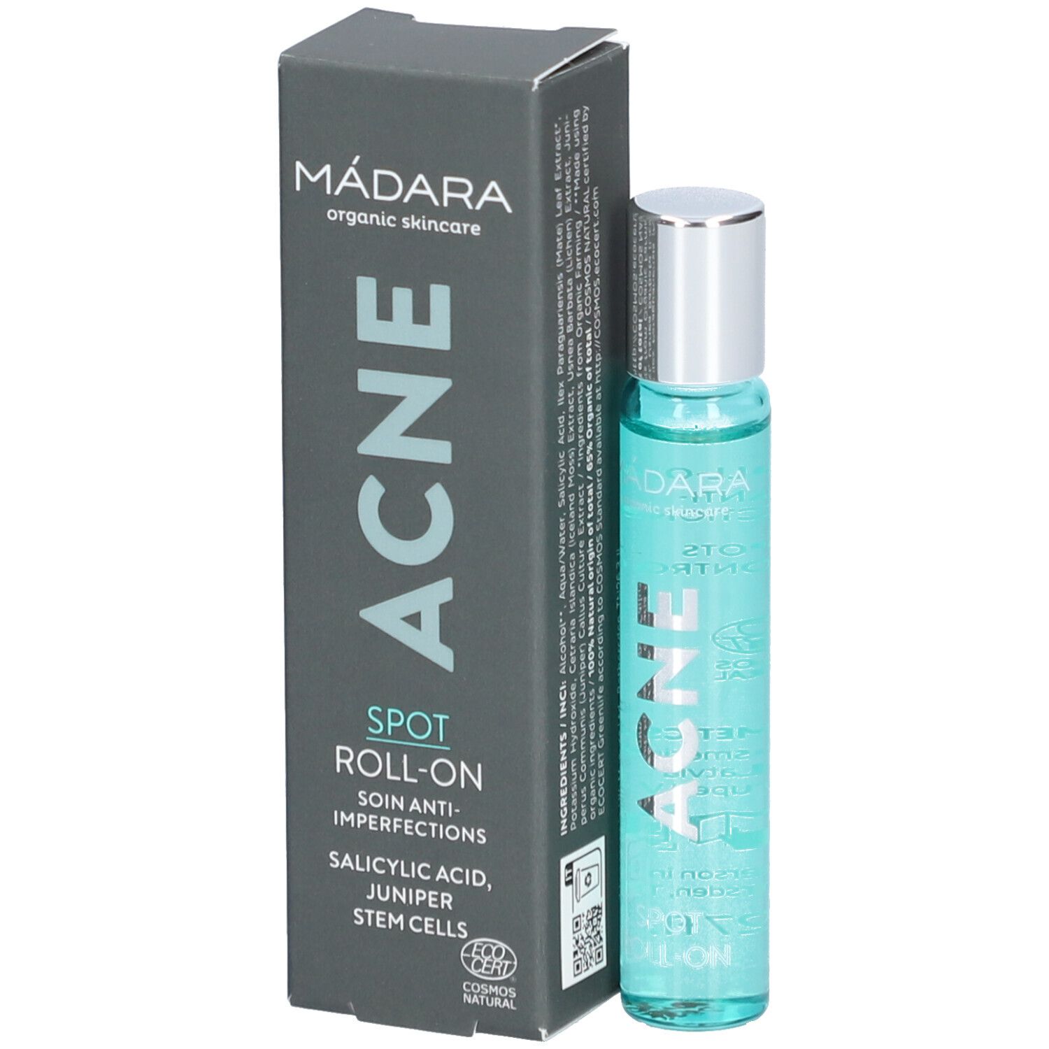 Produkt und Verpackung. Roll-on-Flasche und Schachtel. Text: ACNE, SPOT ROLL-ON, Salicylsäure, Wacholder-Stammzellen. COSMOS NATURAL.