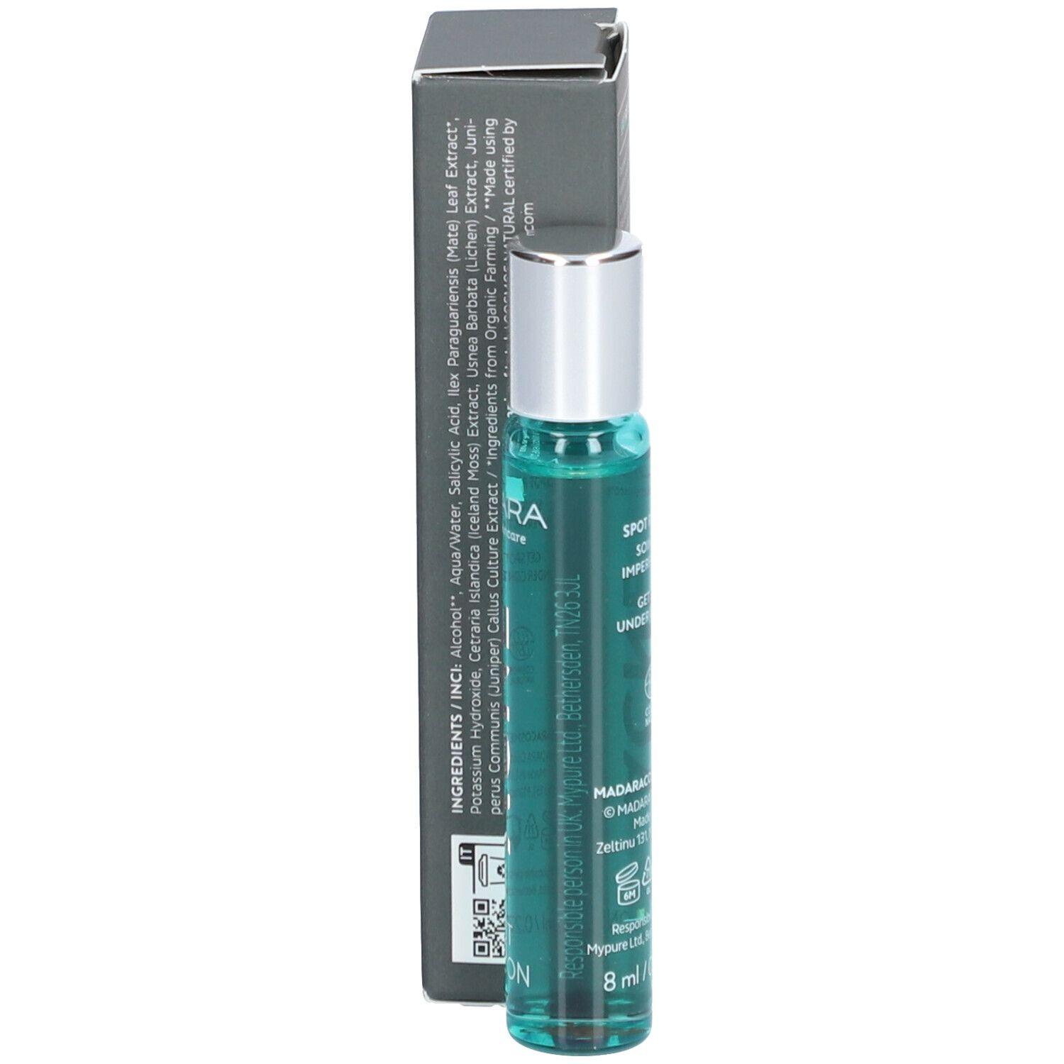 Produkt und Verpackung. Text: Inhaltsstoffe, 8 ml. QR-Code. Flasche mit Roll-on-Applikator.