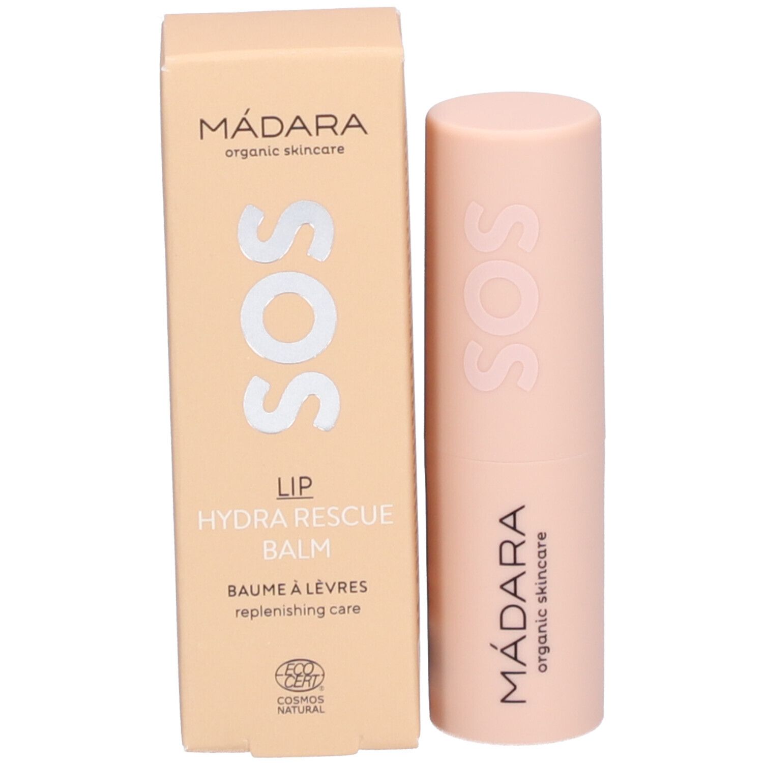 Beige Verpackung und rosafarbener Lippenbalsam. Auf der Verpackung: MÁDARA, SOS, LIP HYDRA RESCUE BALM. Ecocert-Logo.