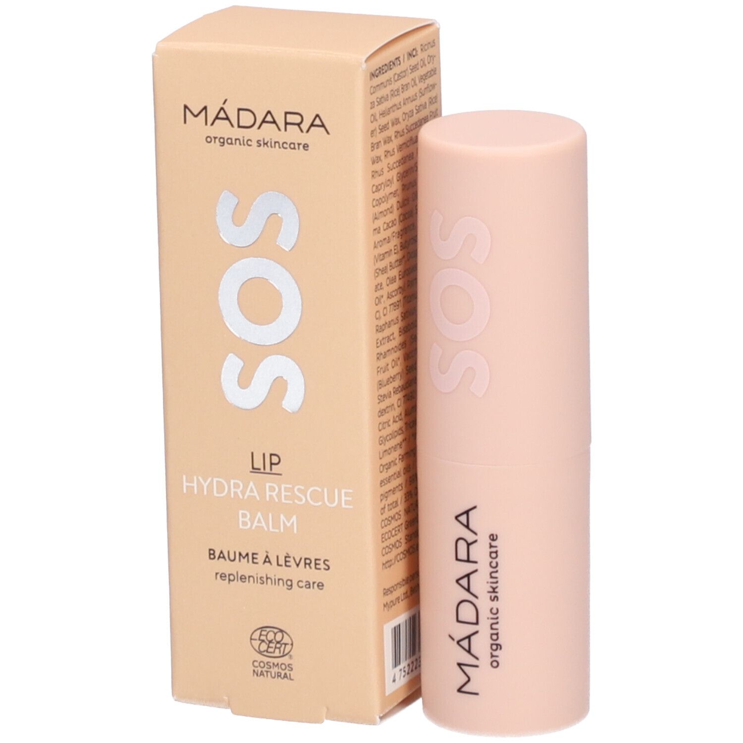 Beige Verpackung und rosafarbener Lippenbalsam. Auf der Verpackung: MÁDARA, SOS, LIP HYDRA RESCUE BALM. Ecocert-Logo.