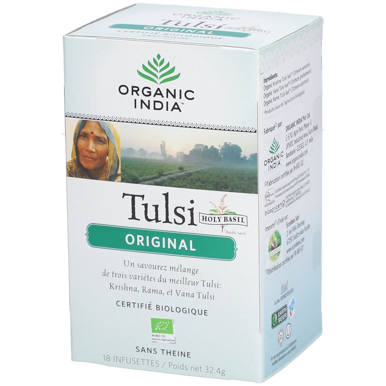 Verpackung von Bio Indien Tulsi Original Tee. Grün-weiße Schachtel mit Logo, Produktname und Zertifizierung.