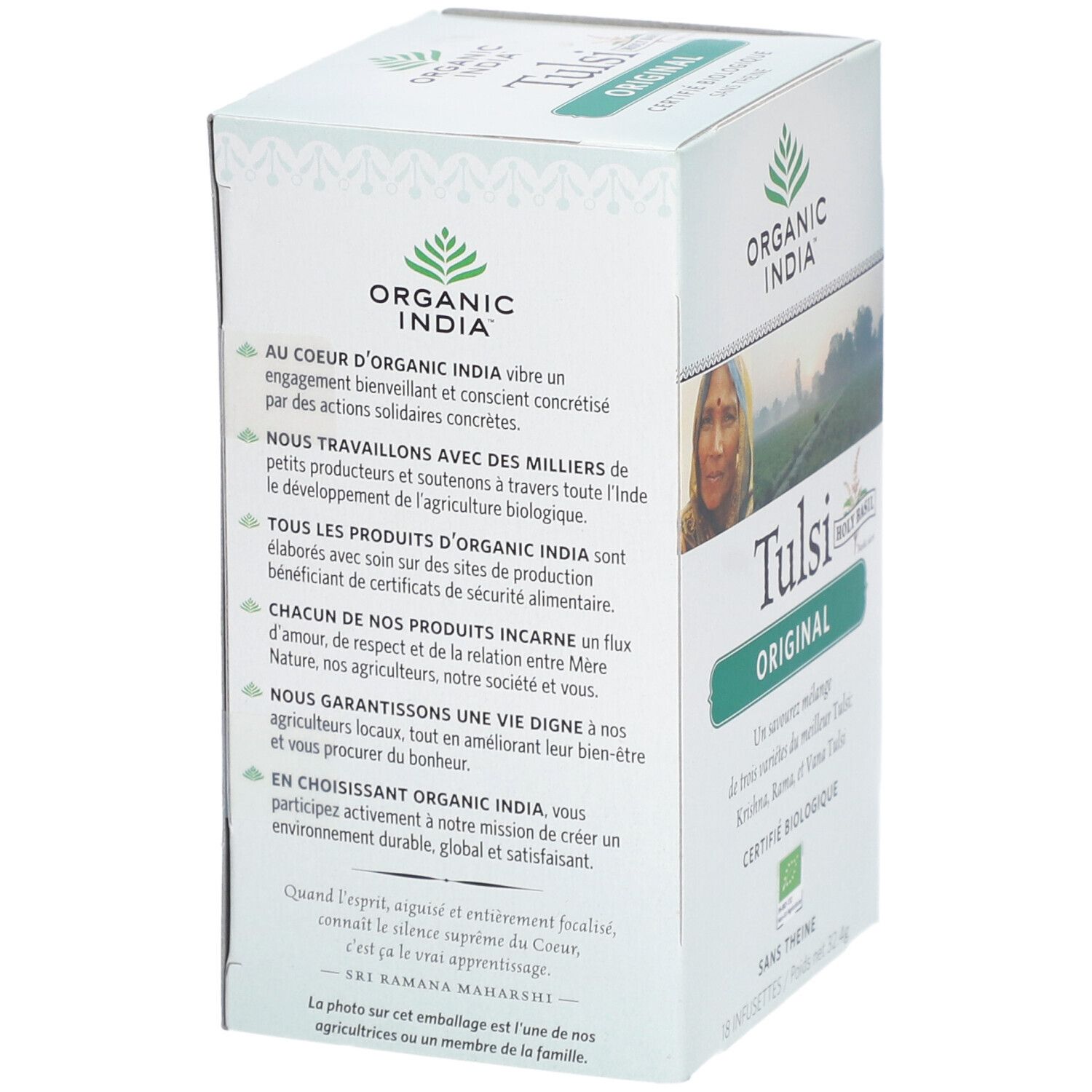 Rückseite der Verpackung von Bio Indien Tulsi Original. Text über die Marke und soziale Verantwortung.