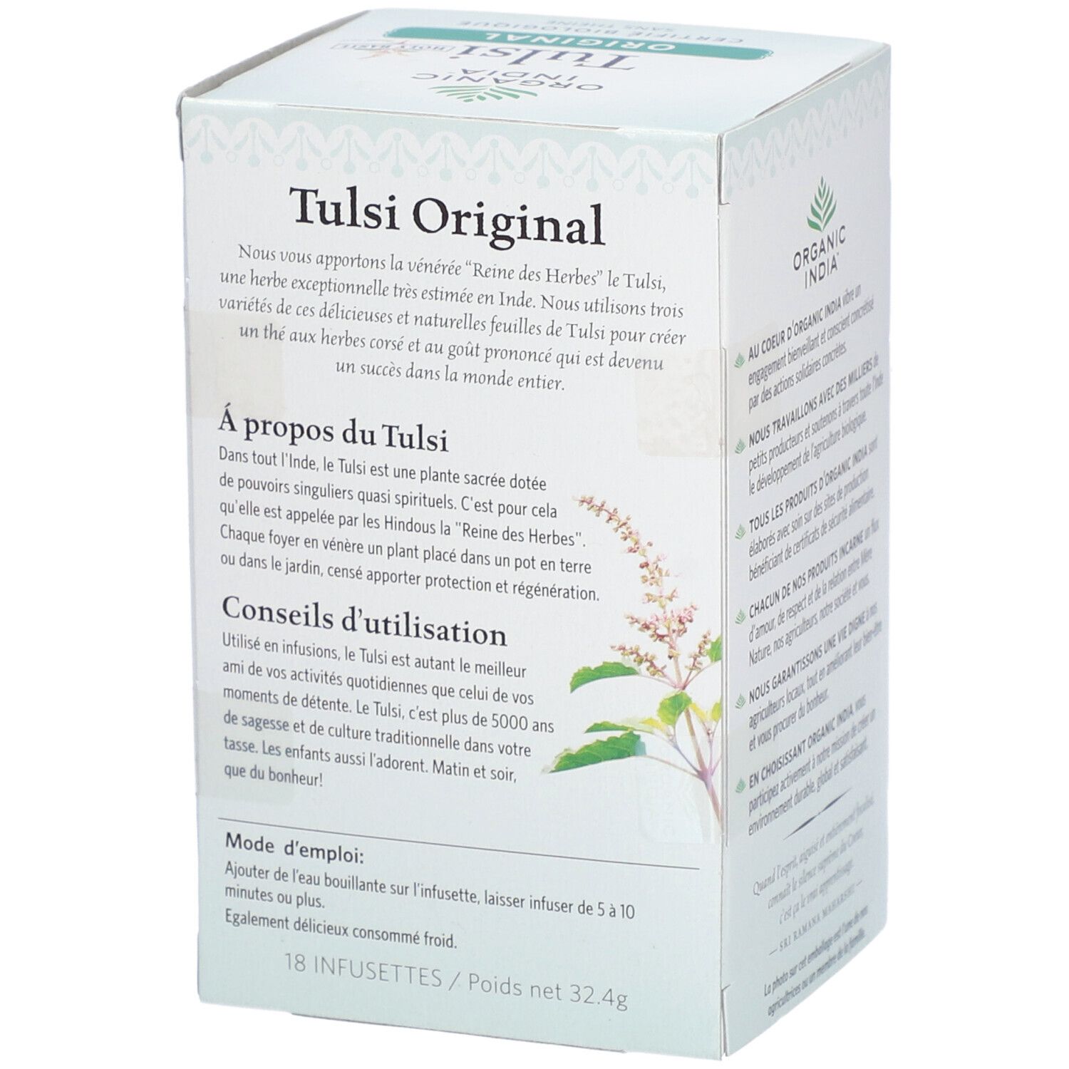 Seite der Verpackung von Bio Indien Tulsi Original. Text über die Verwendung und die Inhaltsstoffe.