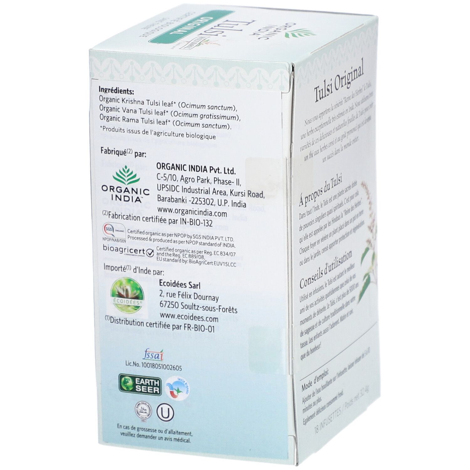 Seite der Verpackung von Bio Indien Tulsi Original. Informationen zu Inhaltsstoffen, Hersteller und Zertifizierungen.