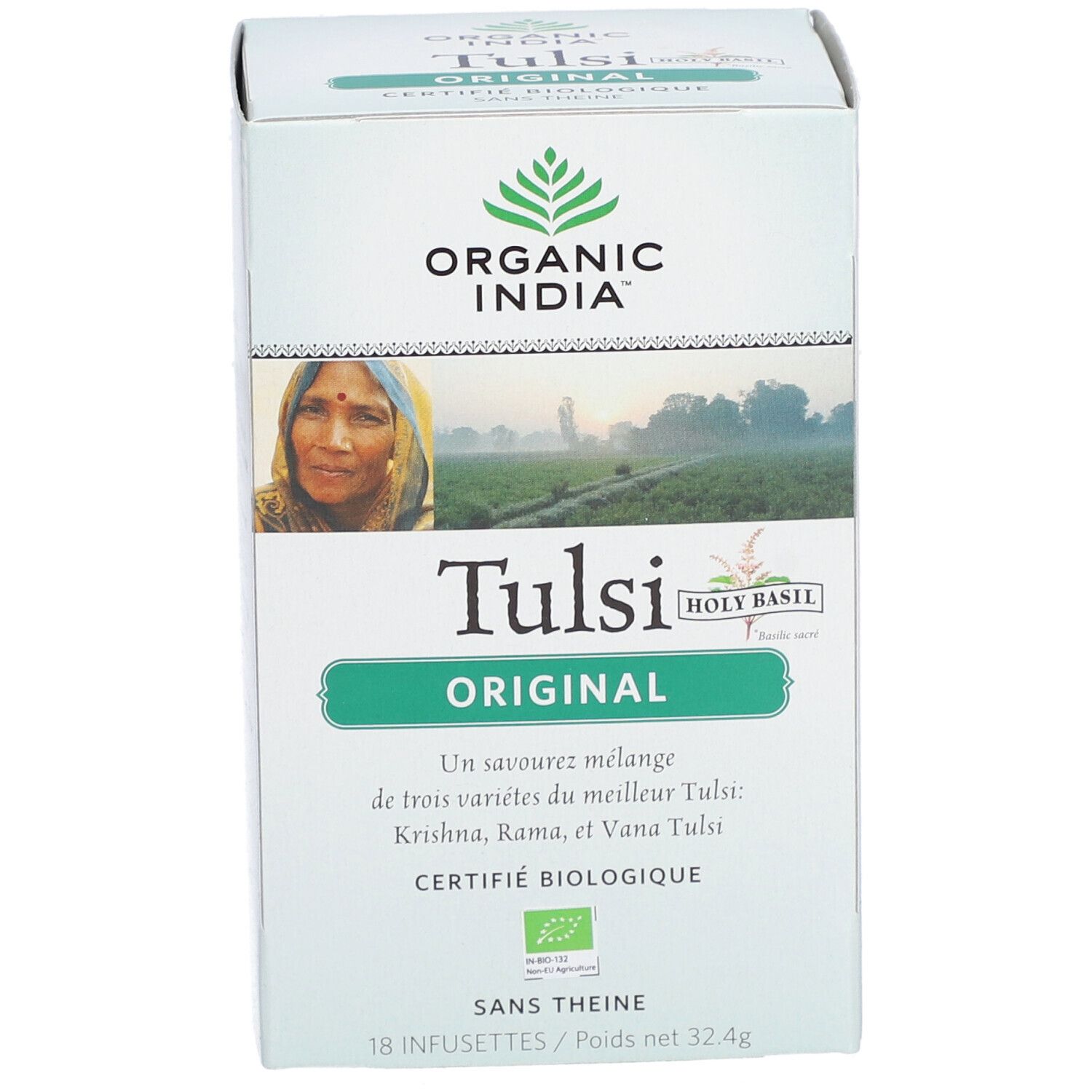 Schachtel von Bio Indien Tulsi Original. Vorderansicht mit Logo, Produktname und Zertifizierung.