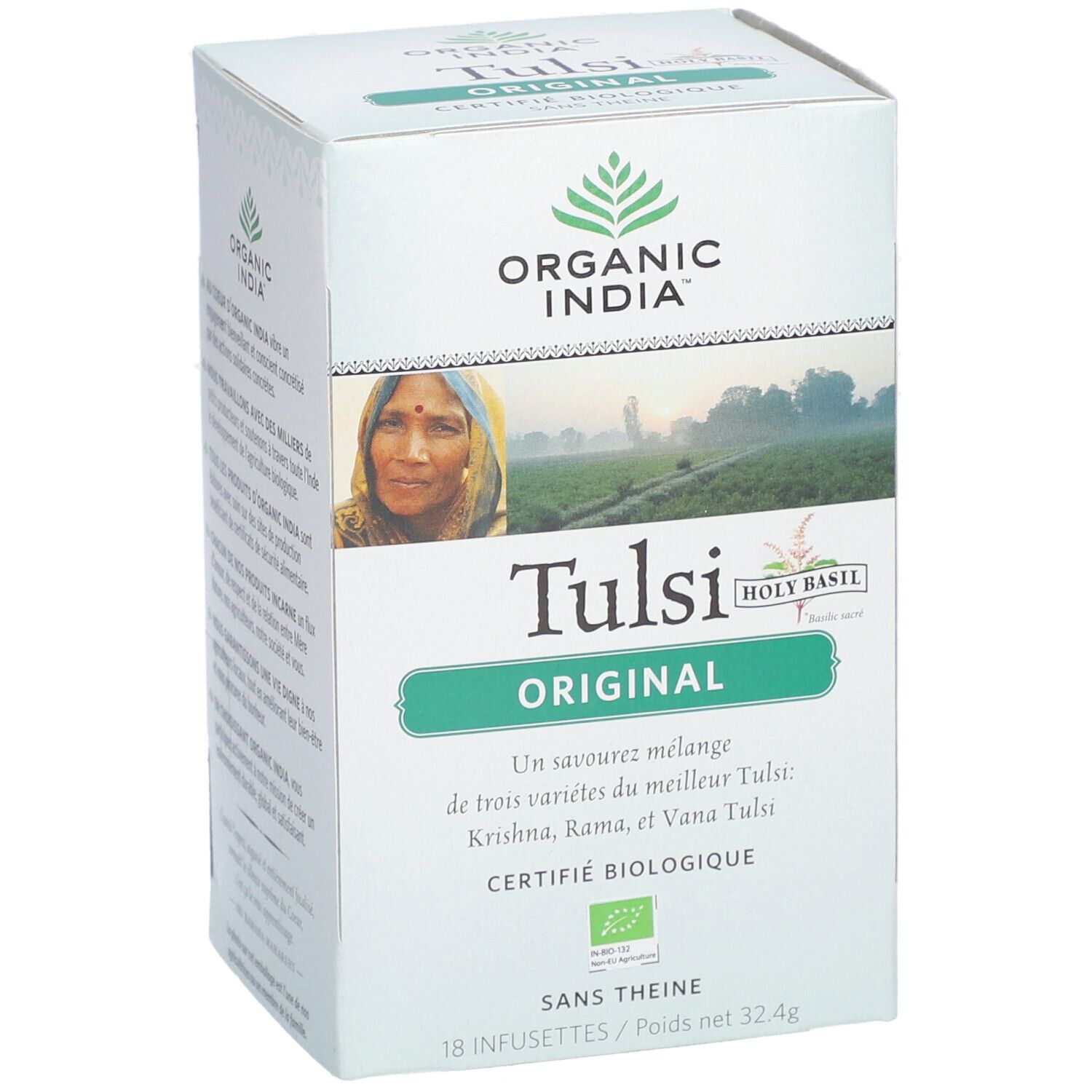 Schachtel von Bio Indien Tulsi Original. Vorderansicht mit Logo, Produktname und Zertifizierung.