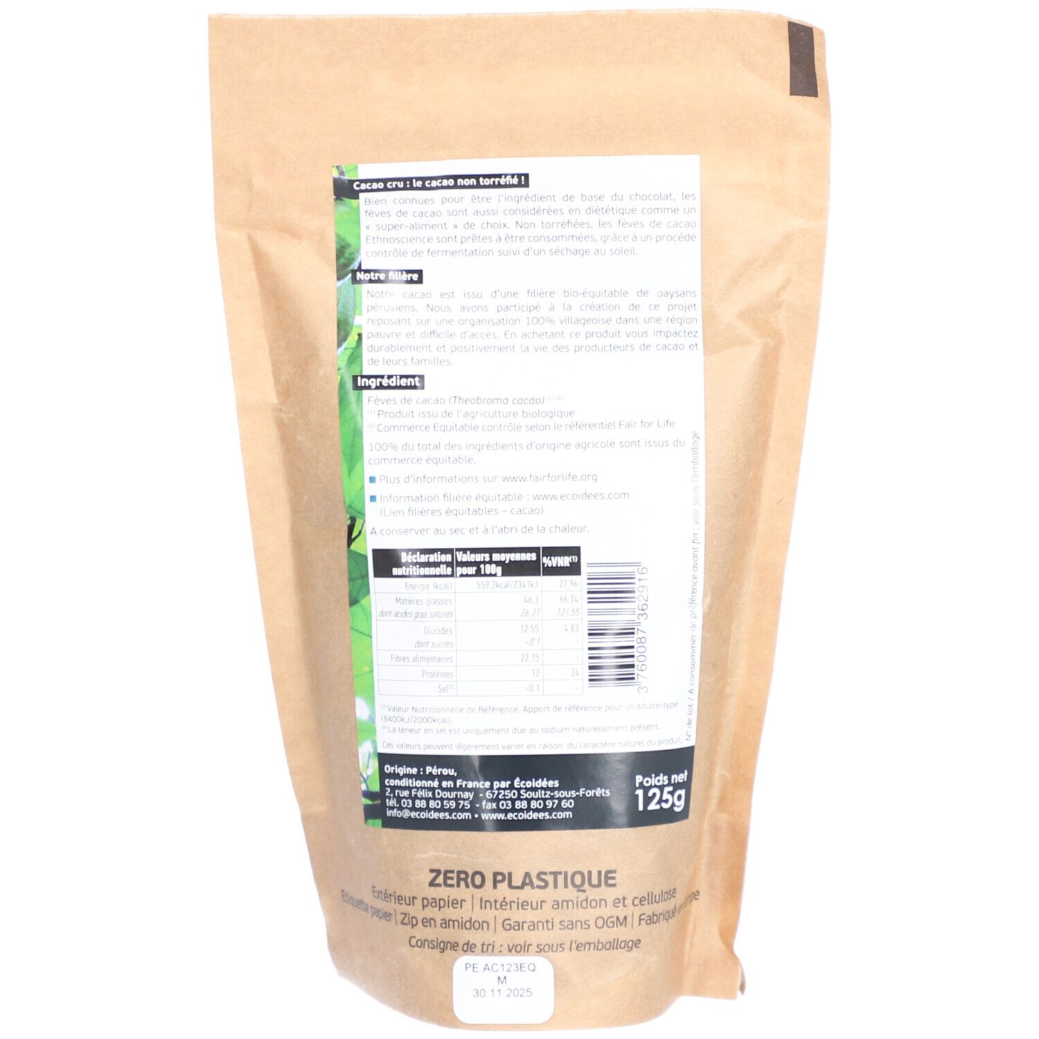 Braune Papiertüte mit weißem Etikett. Text in Französisch. Gewicht: 125g. Aufdruck: Zero Plastique.