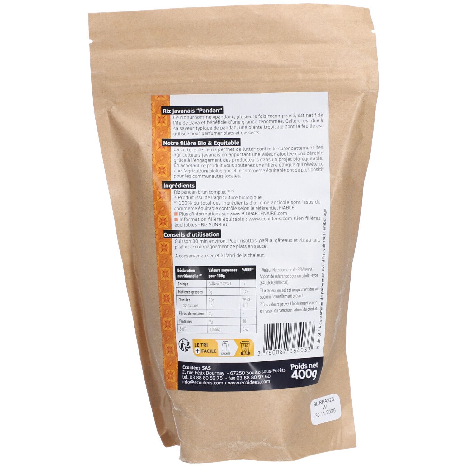 Rückseite der Reisverpackung. Text mit Produktinformationen und Nährwertangaben. Bio-Zertifizierung.