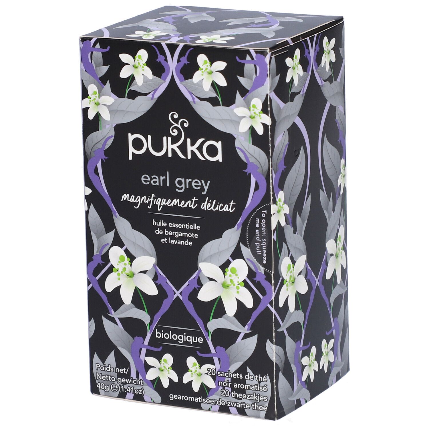 Pukka Earl Grey Teebox. Schwarzer Hintergrund mit floralem Muster und Produktbezeichnung. Biologisch.