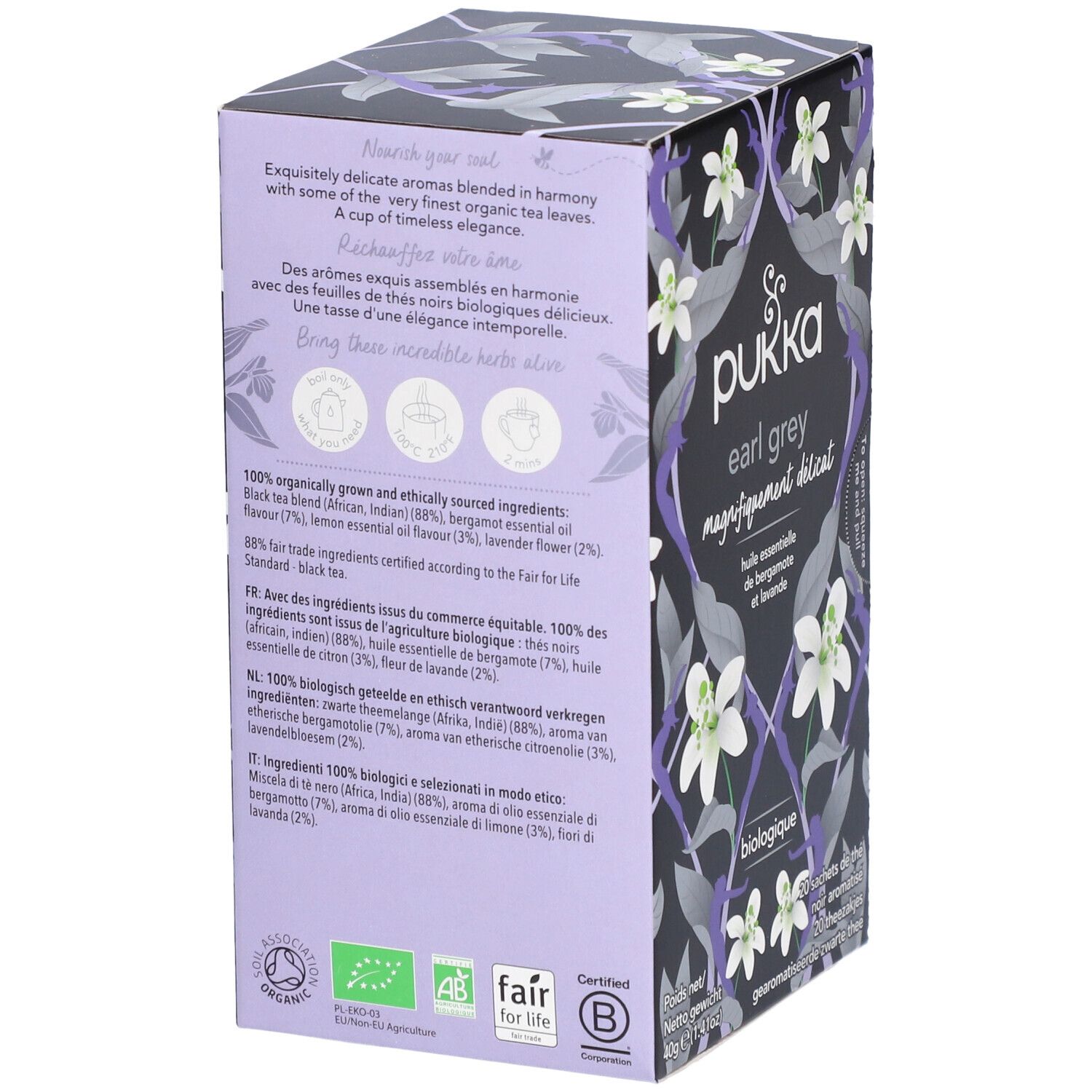 Rückseite der Pukka Earl Grey Teebox. Text mit Inhaltsstoffen und Zertifizierungen. Biologisch.