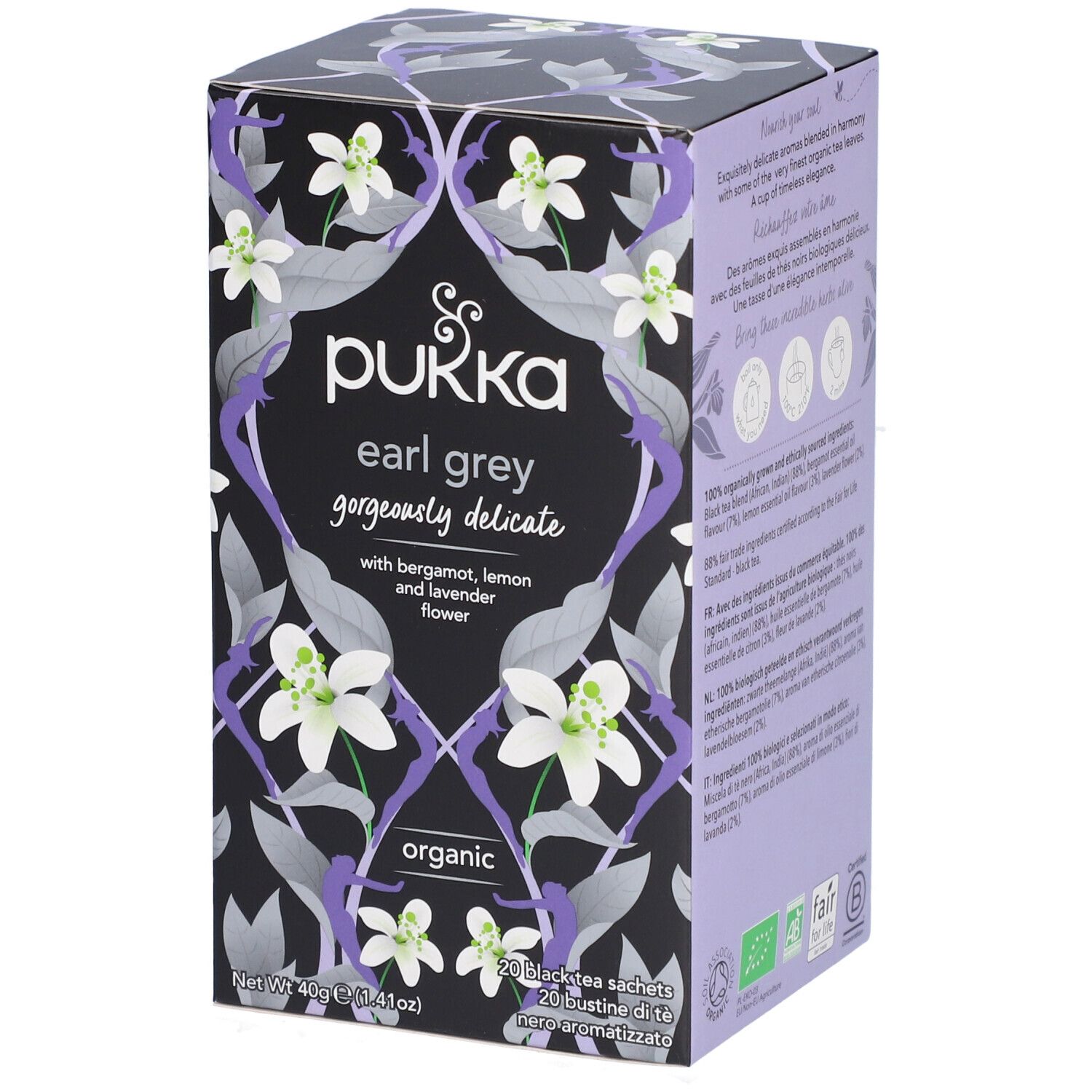 Pukka Earl Grey Teebox. Lila Hintergrund mit floralem Muster und Produktbezeichnung. Organisch.