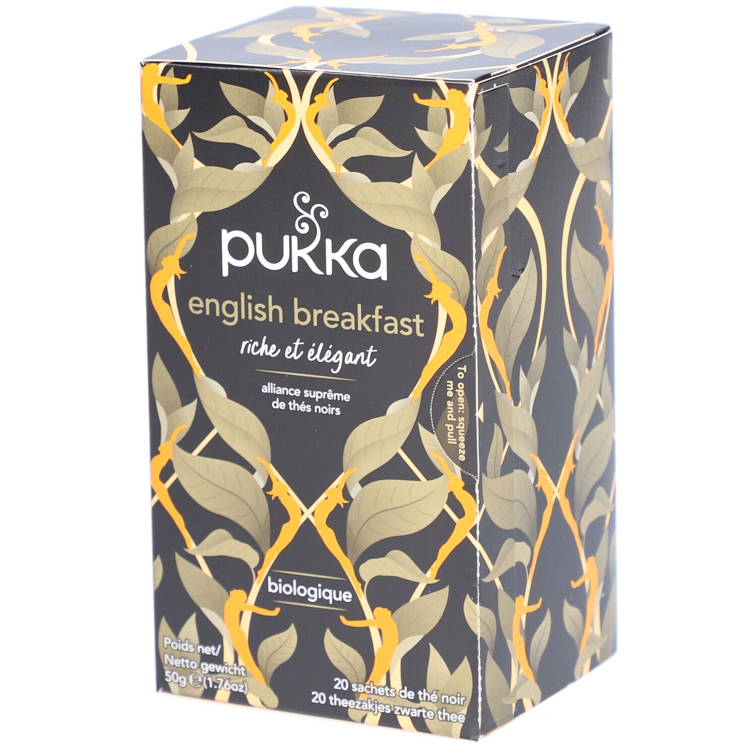Schwarze Teebox mit goldfarbenem Blattmuster. Aufschrift: Pukka English Breakfast, biologisch. 20 Teebeutel.