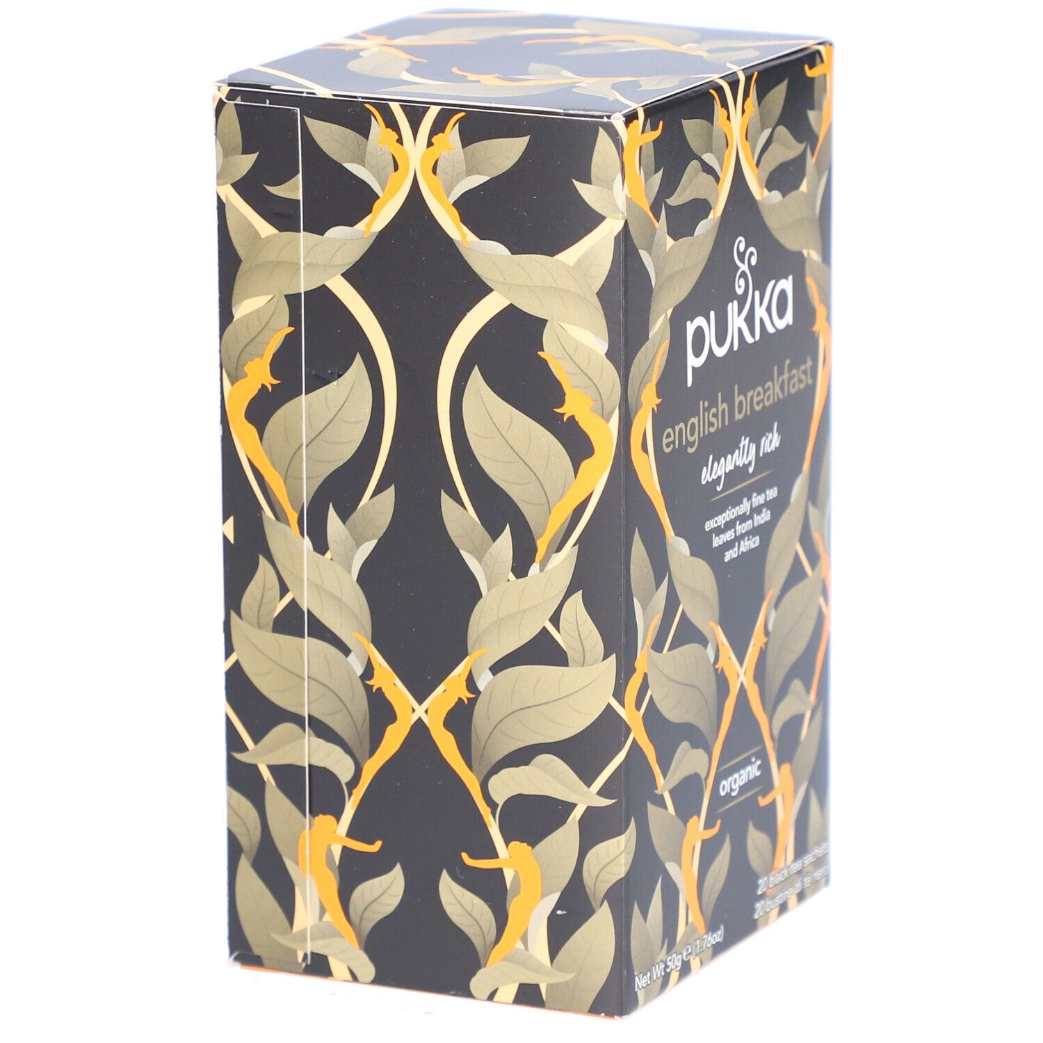 Teebox mit goldfarbenem Blattmuster. Aufschrift: Pukka English Breakfast, organic. 20 Teebeutel.