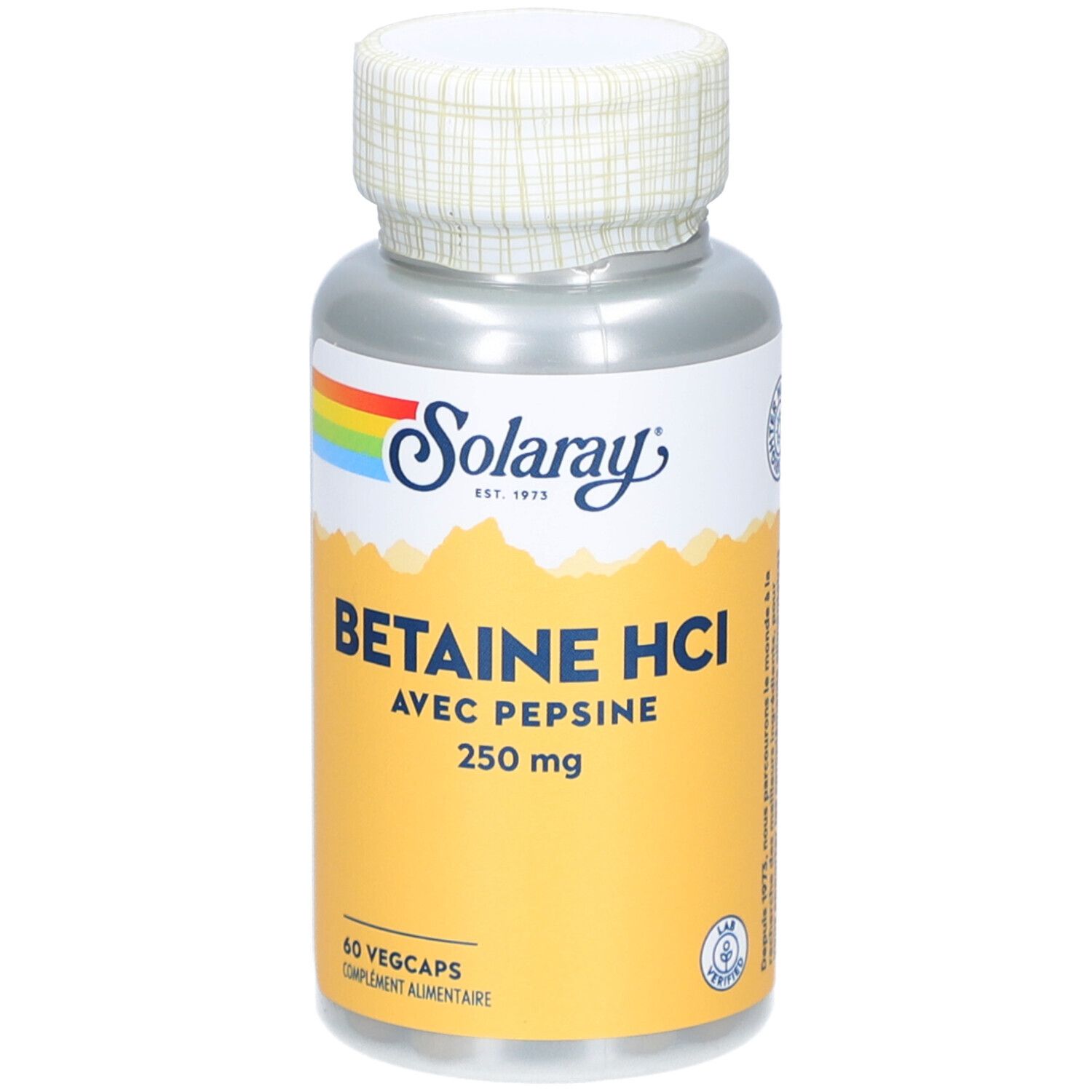 Zylindrische Flasche mit Kapseln. Aufkleber mit Produktnamen, Dosierung und Marke Solaray. Deckel mit weißem Muster.