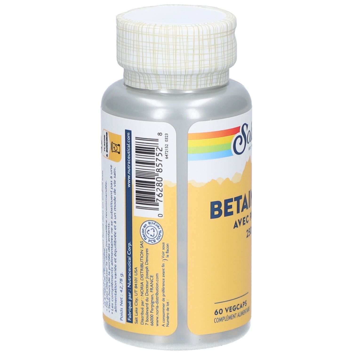 Rückseite der Flasche. Etikett mit Informationen, Barcode und Marke Solaray. Deckel mit weißem Muster.