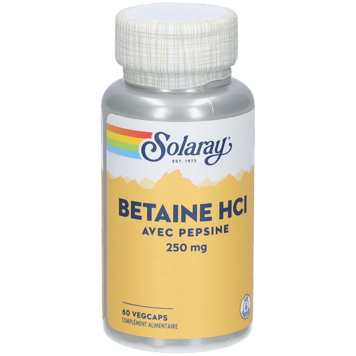 Zylindrische Flasche mit Kapseln. Aufkleber mit Produktnamen, Dosierung und Marke Solaray. Deckel mit weißem Muster.