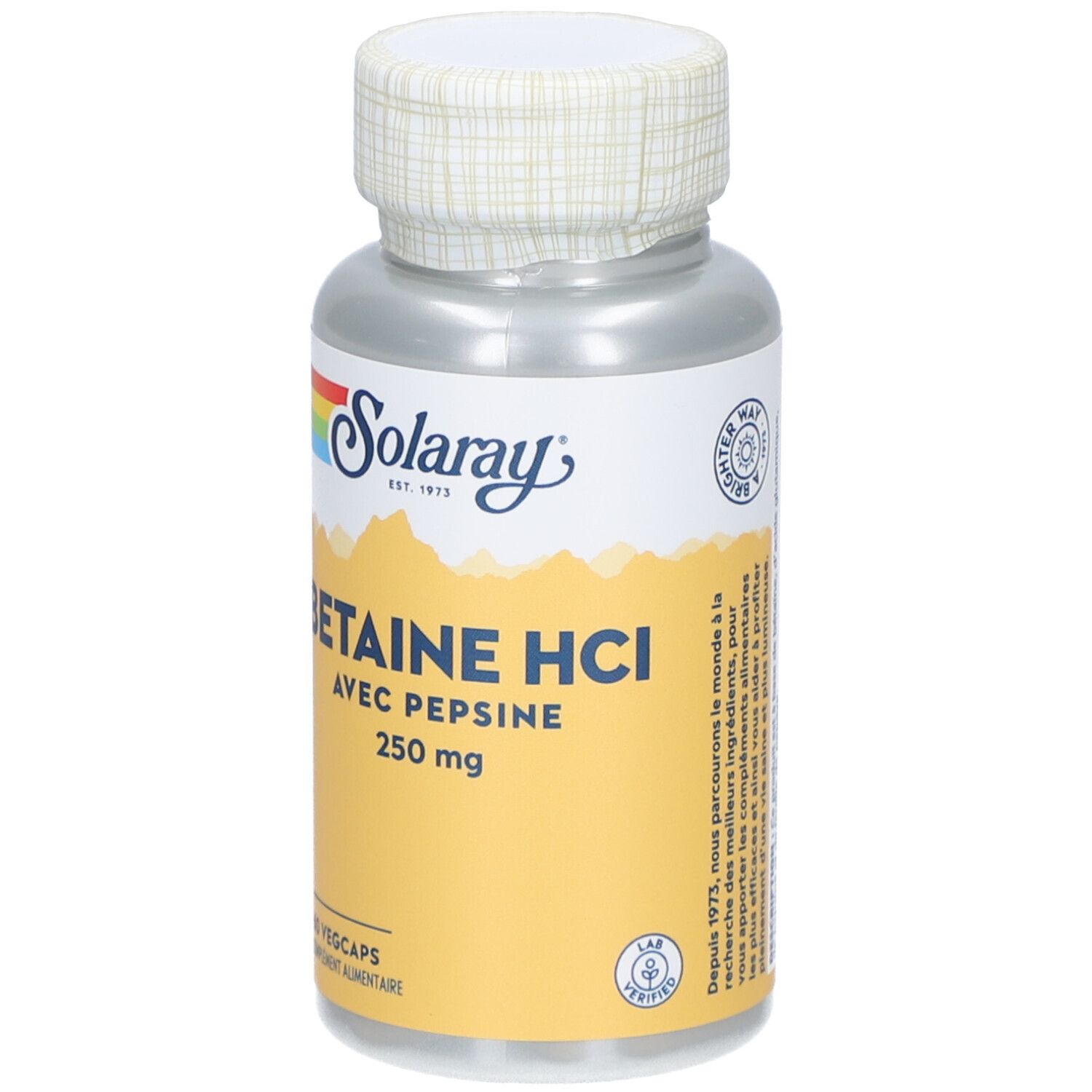 Zylindrische Flasche mit Kapseln. Aufkleber mit Produktnamen, Dosierung und Marke Solaray. Deckel mit weißem Muster.