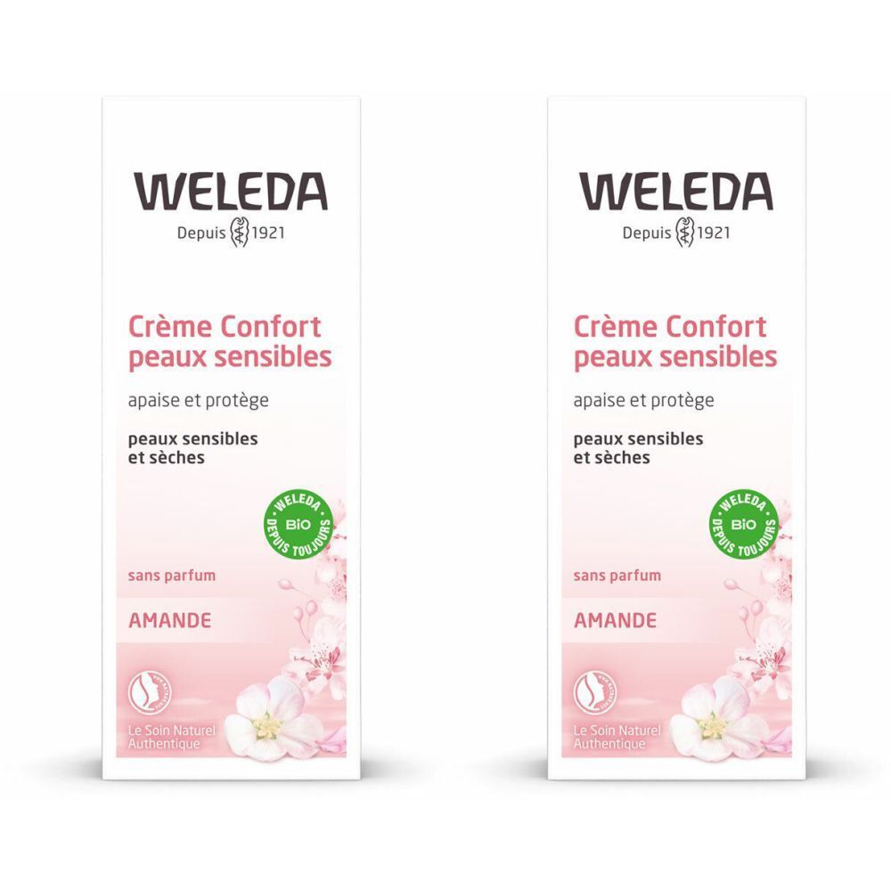 Deux emballages rectangulaires. Inscription: WELEDA, Crème Confort, peaux sensibles, sans parfum, AMANDE. Label Bio.
