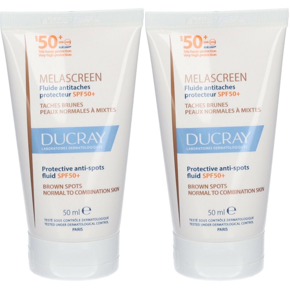 Deux tubes de crème blanche. Sur chaque tube, on lit MELASCREEN, Fluide antitaches protecteur SPF50+ et DUCRAY. Contenance 50 ml.