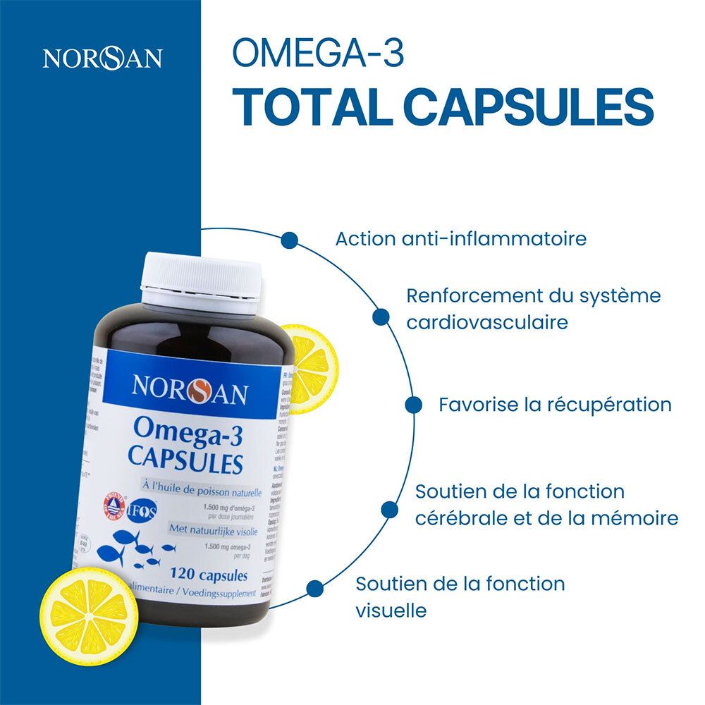 Flasche Omega-3 Kapseln. Schwarze Flasche mit weißem Deckel und blauer Beschriftung. 120 Kapseln. Zitronenscheiben und Gesundheitsvorteile.