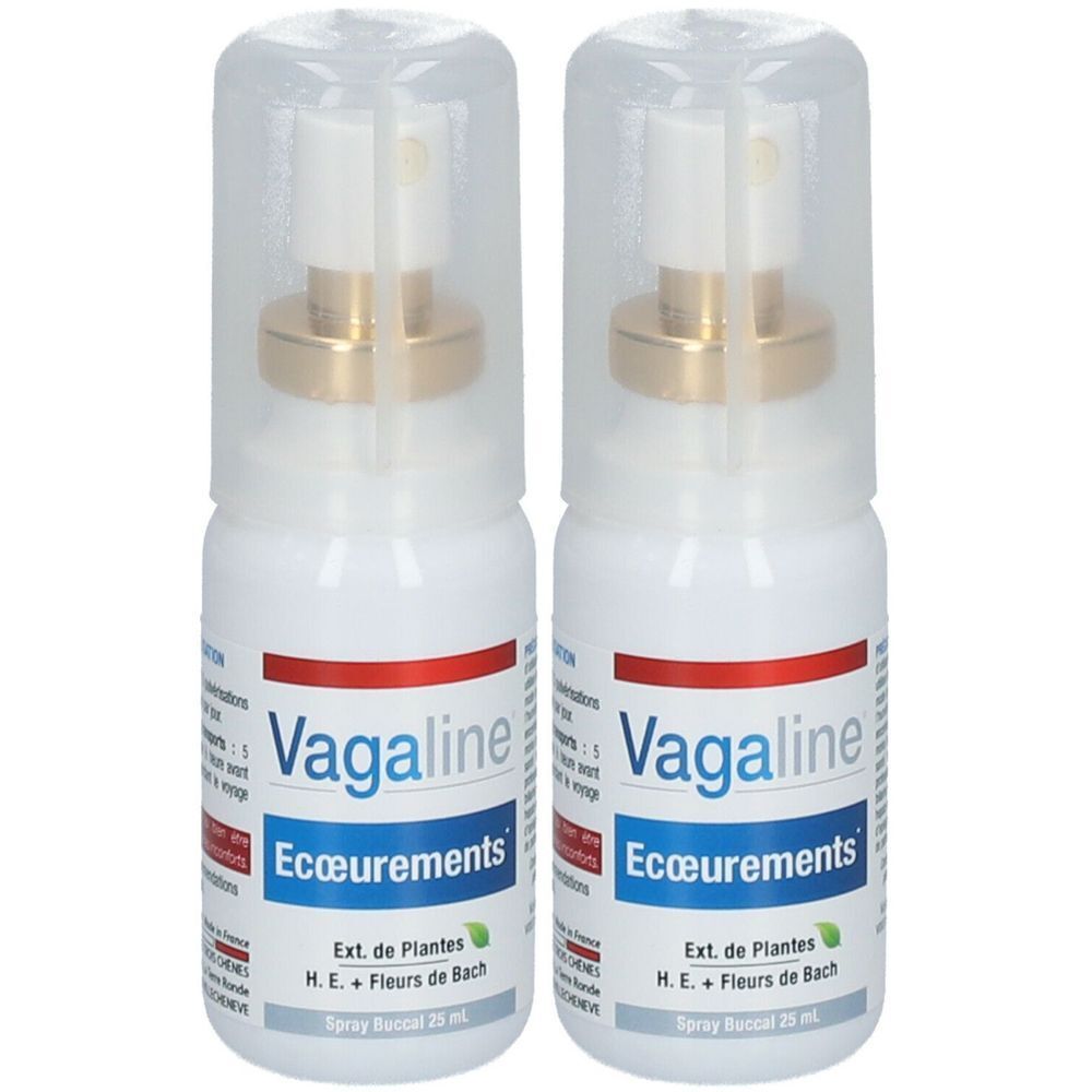 Zwei weiße Sprühflaschen mit transparenten Kappen. Aufschrift: Vagaline, Ecœurements. Mit Pflanzenextrakten und Bachblüten.