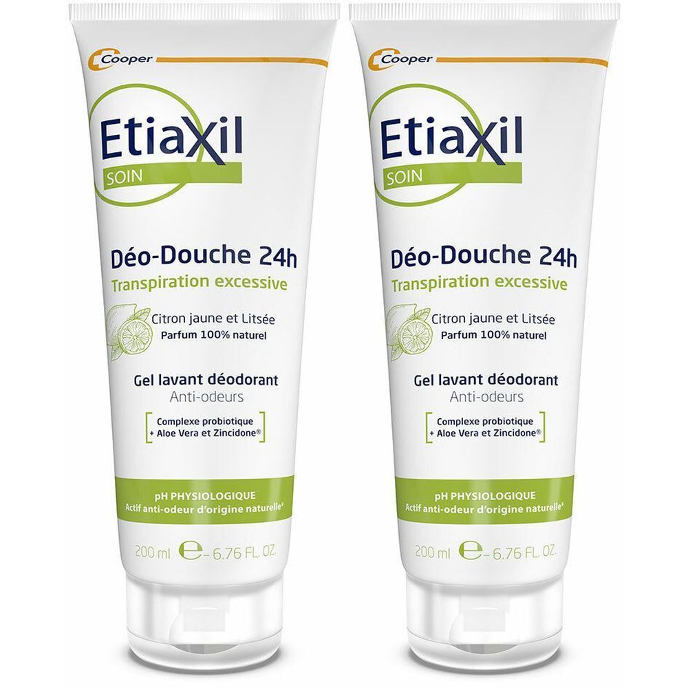 Zwei weiße Tuben mit grüner und schwarzer Schrift. Aufschrift: Etiaxil, Déo-Douche 24h, Transpiration excessive. 200 ml.
