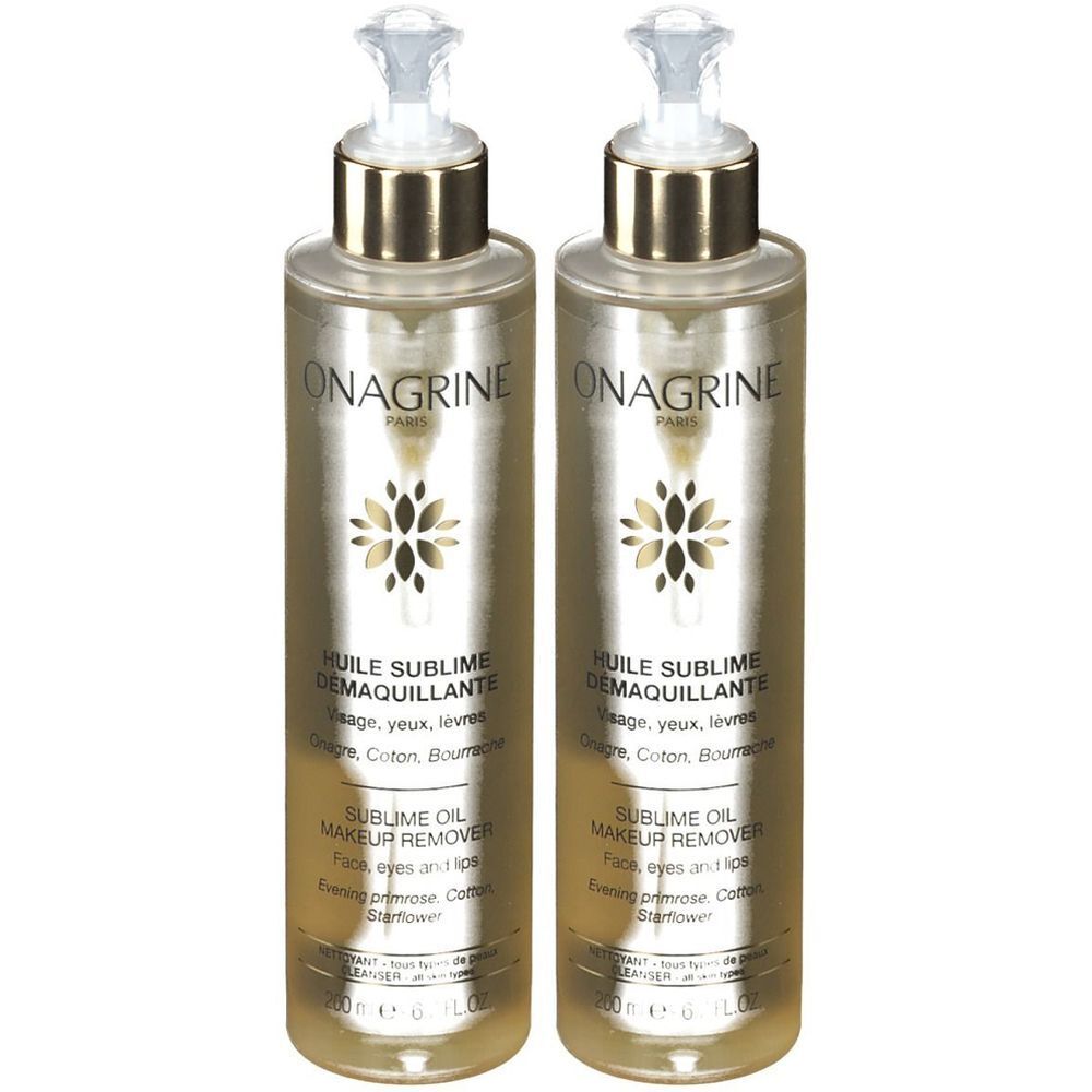 Zwei Flaschen Onagrine Huile Sublime Démaquillante. Klare Flüssigkeit, goldfarbener Verschluss, transparente Pumpe. Text: „Huile Sublime Démaquillante“.