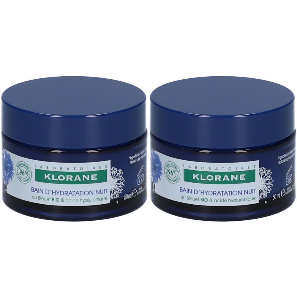 Zwei blaue Tiegel mit Deckel. Auf den Etiketten steht "KLORANE BAIN D'HYDRATATION NUIT".