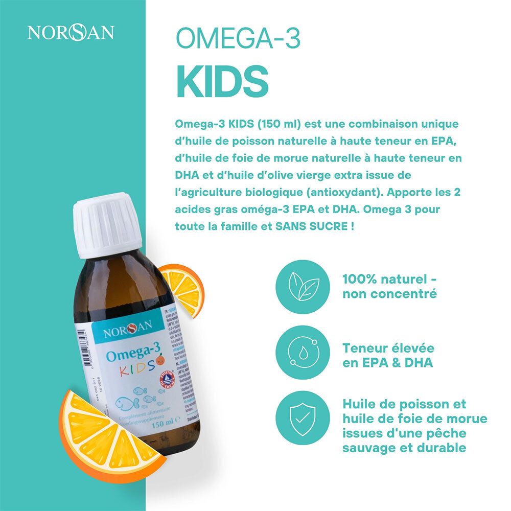 Flacon NORSAN Omega-3 KIDS Huile de poisson Orange avec tranches d'orange. Flacon en verre brun, bouchon blanc et étiquette. Texte et icônes.