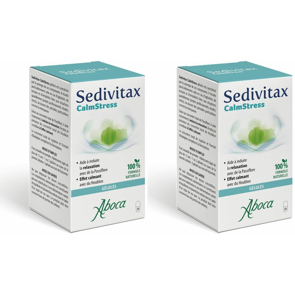Deux boîtes de Sedivitax CalmStress. Emballage blanc avec couvercle bleu. Logo et informations produit sur le devant.