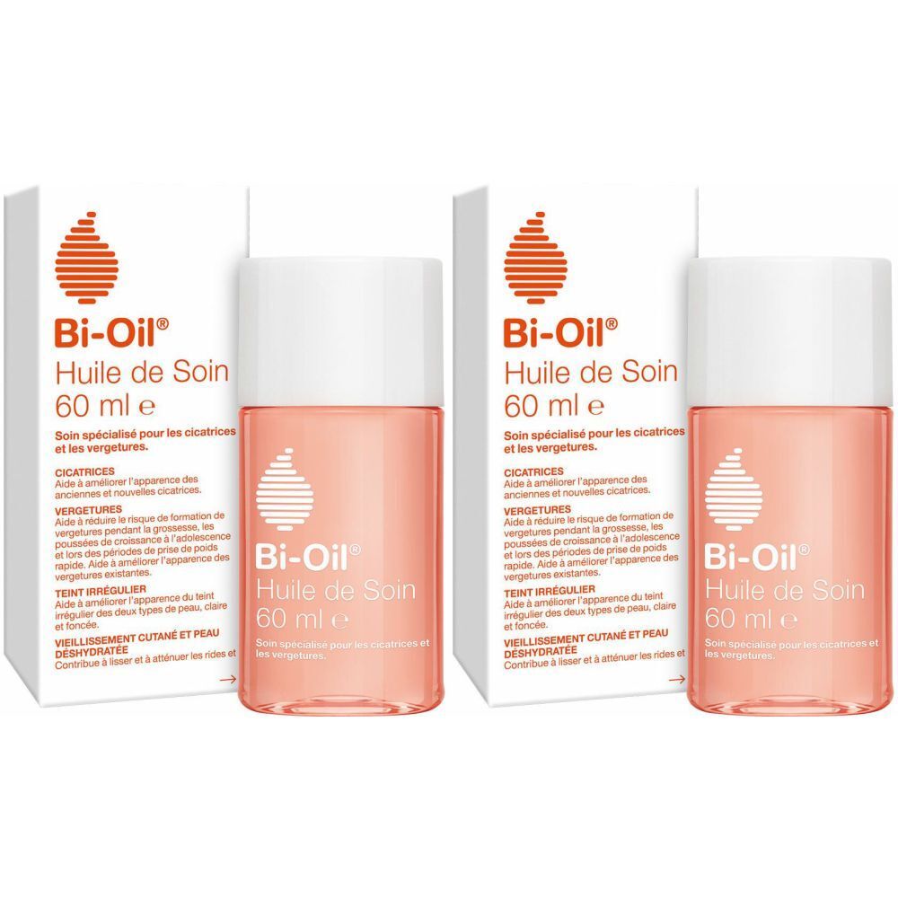 Zwei Flaschen mit weißem Deckel und rosa Flüssigkeit. Auf der Verpackung steht "Bi-Oil Huile de Soin".