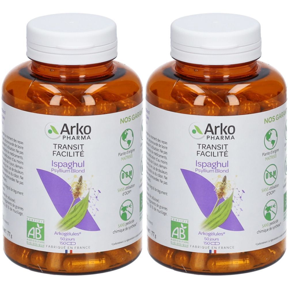 Zwei braune Flaschen mit weißen Deckeln. Aufschrift: Arko Pharma, Transit Facilité, Ispaghul Psyllium Blond. AB-Bio-Siegel.