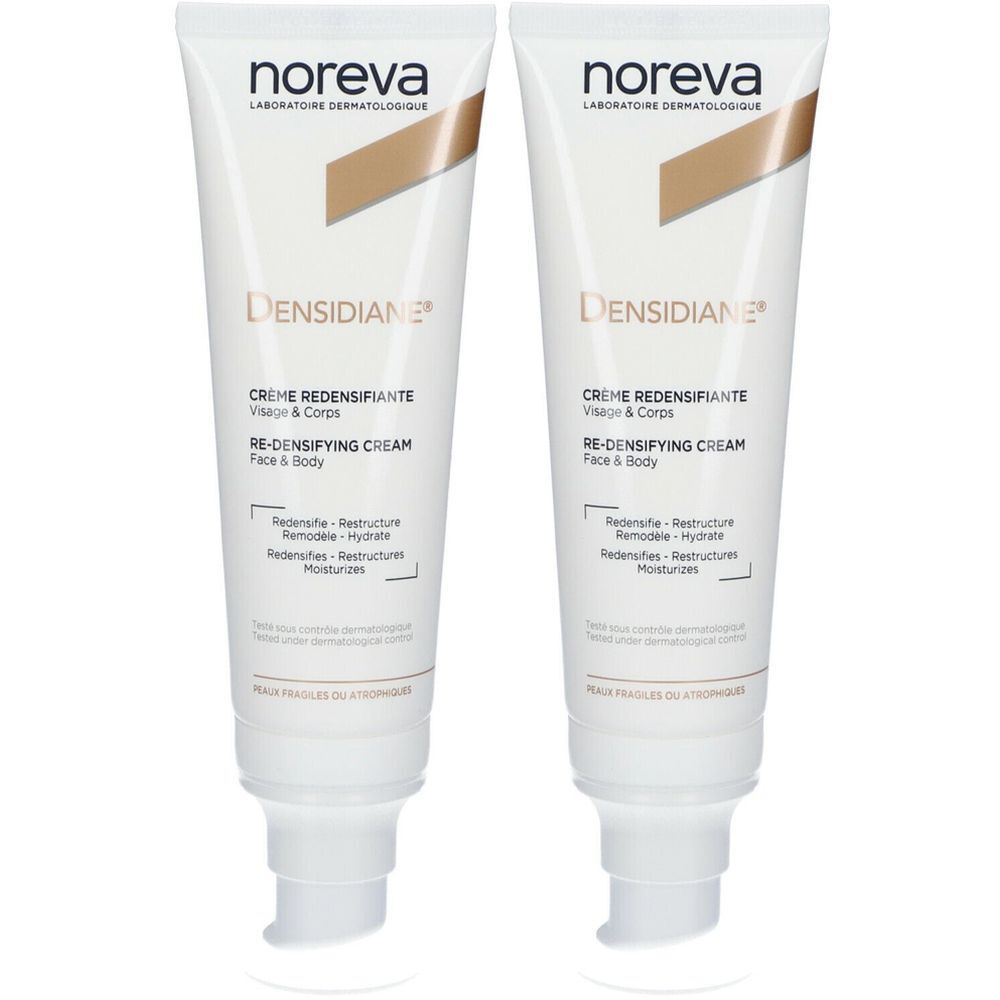 Deux tubes de crème. Inscription : noreva, DENSIDIANE, Crème Redensifiante, RE-DENSIFYING CREAM.