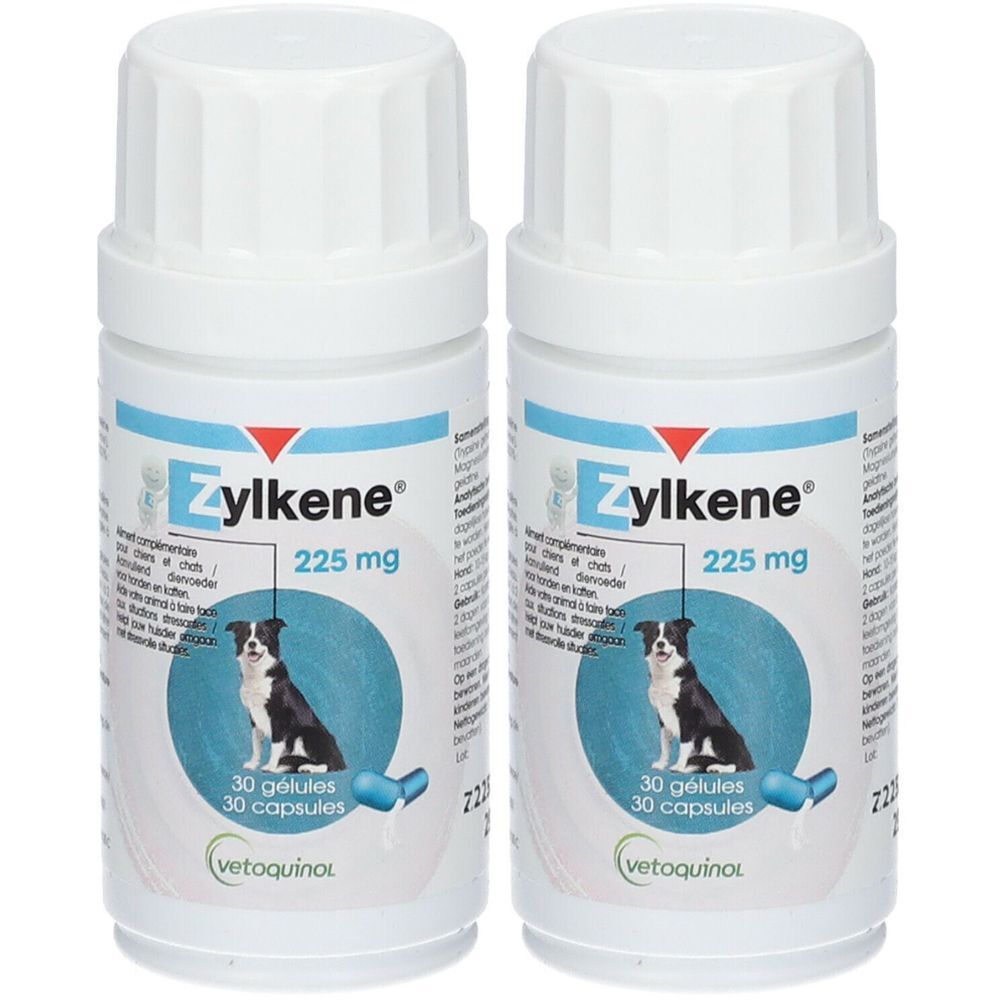 Zwei weiße Flaschen mit dem Produktnamen Zylkène und der Aufschrift 225 mg. Auf jeder Flasche ist ein Hund abgebildet.