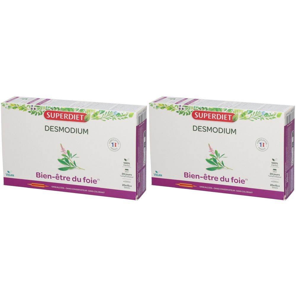 Deux boîtes "SUPERDIET DESMODIUM". Texte: "Bien-être du foie". Éléments violets et verts sur fond blanc. Logo "11".