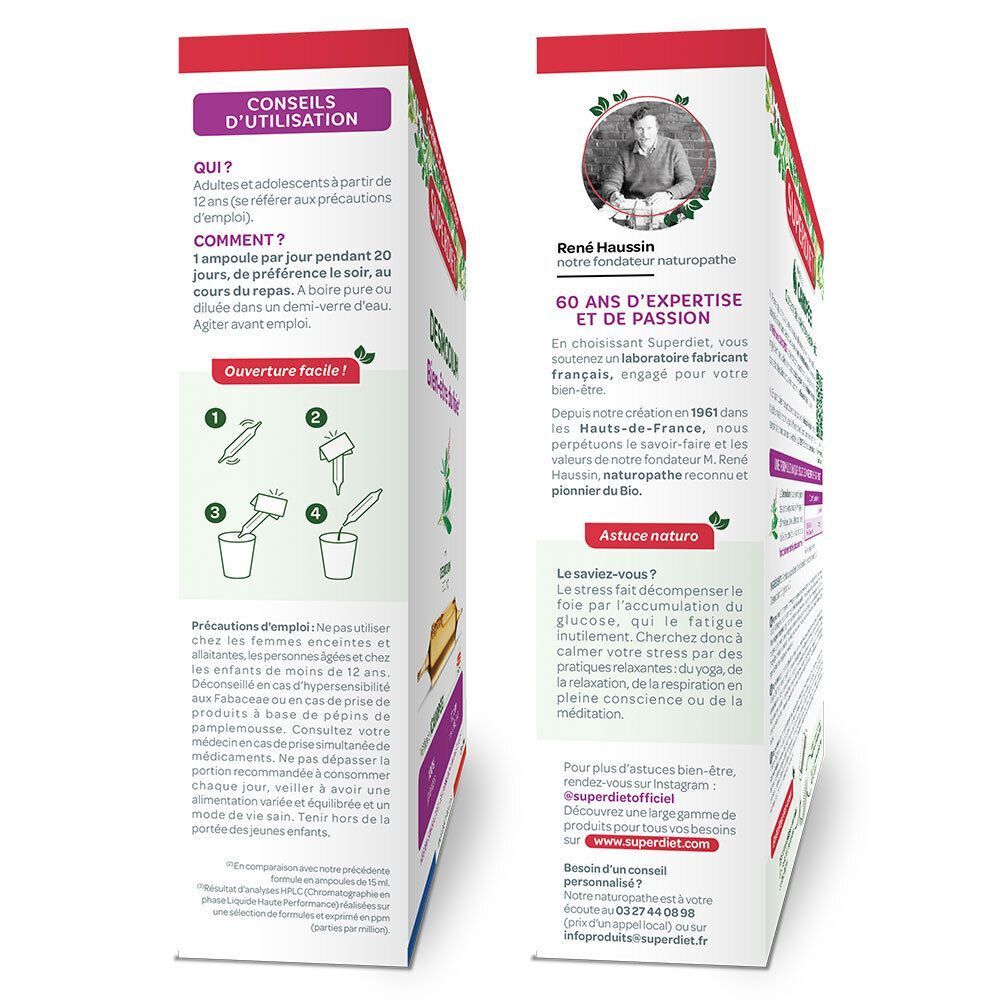 Seitenansicht einer Superdiet Desmodium Packung mit Anwendungshinweisen und Gründerinformationen.