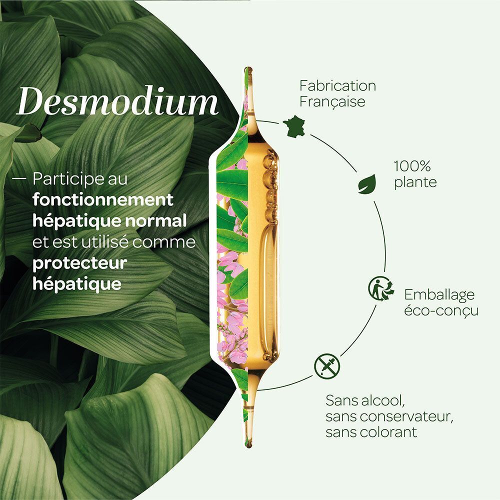 Eine Superdiet Desmodium Ampulle mit Darstellung der französischen Herstellung und 100% Pflanzenanteil.