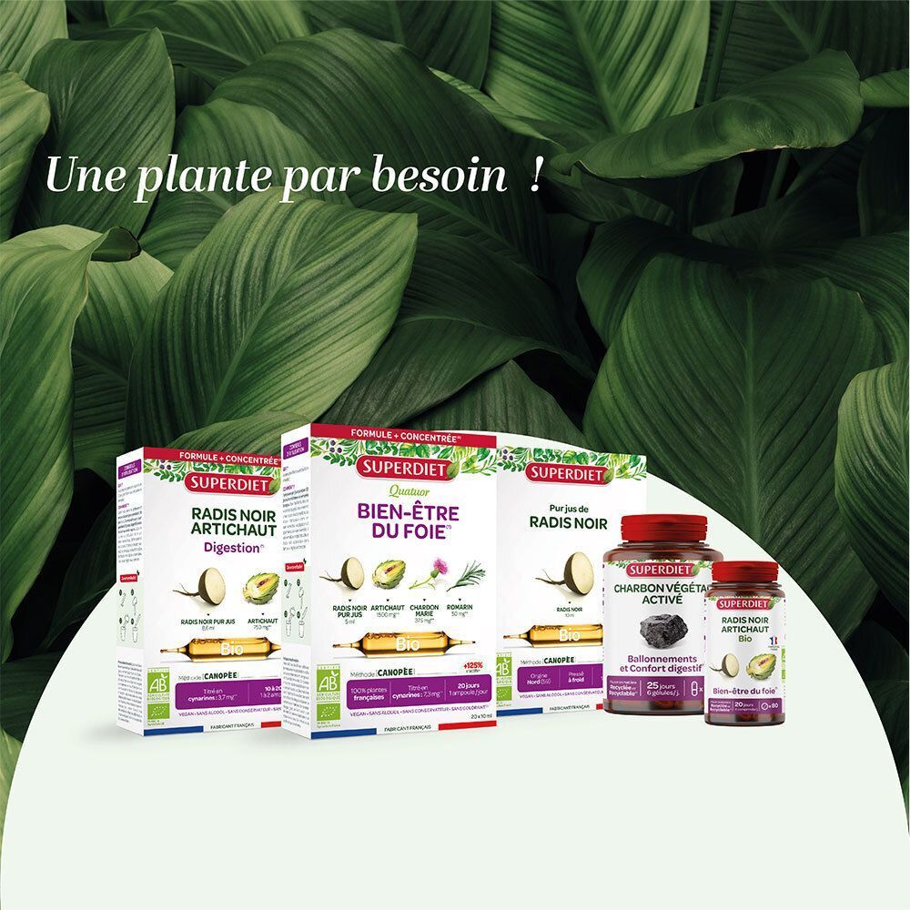 Verschiedene Superdiet Produkte, darunter Desmodium, Radis Noir und Charbon Végétal.