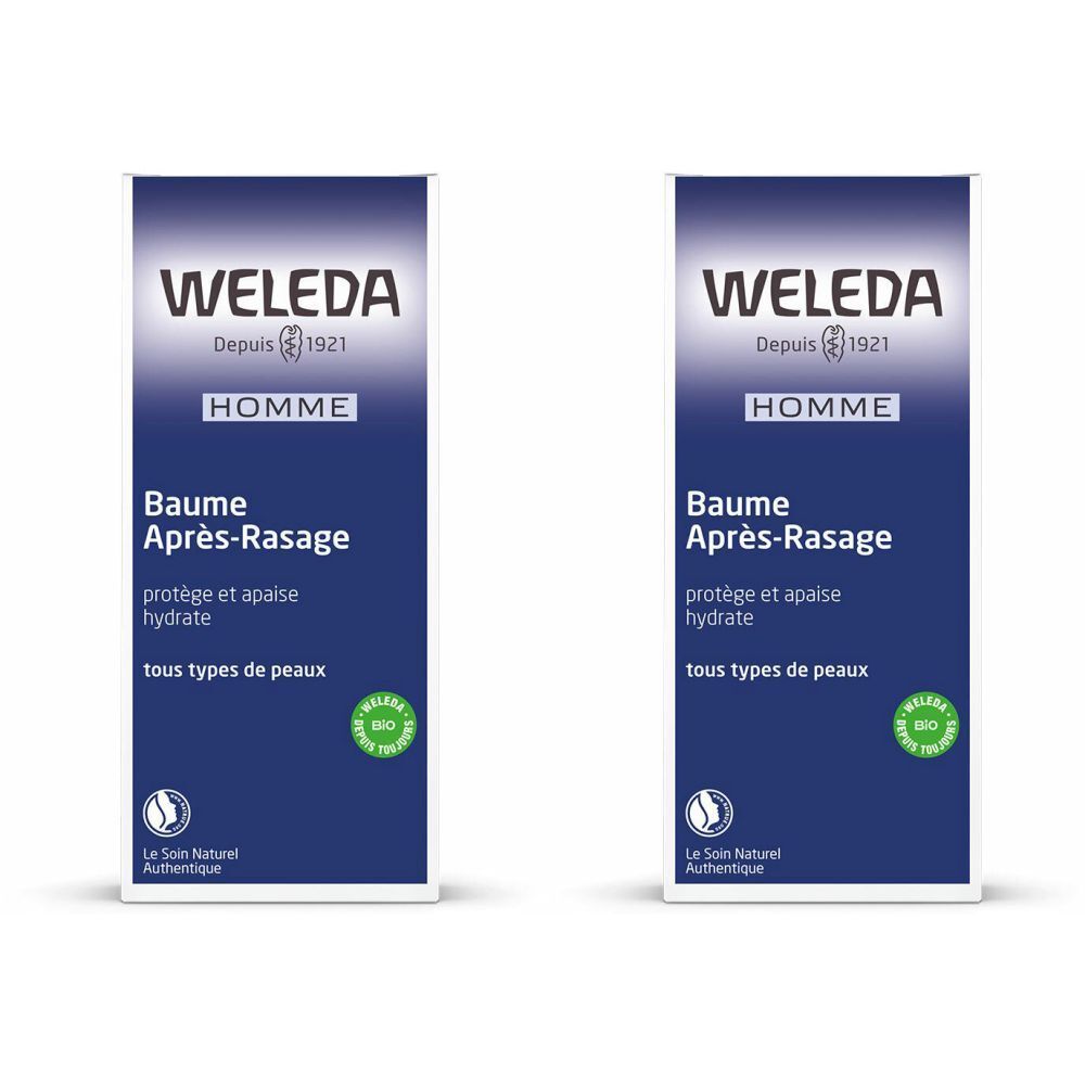 Zwei blaue Verpackungen mit "WELEDA HOMME Baume Après-Rasage"-Logo und Text. Bio-Zertifizierung und "Le Soin Naturel Authentique"-Logo.