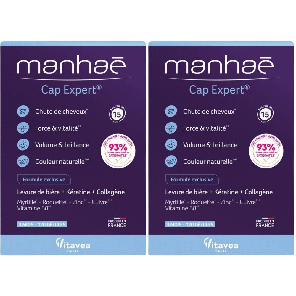 Deux boîtes de manhaé Cap Expert®. Emballage violet avec texte blanc. Contient 120 gélules. Produit en France.