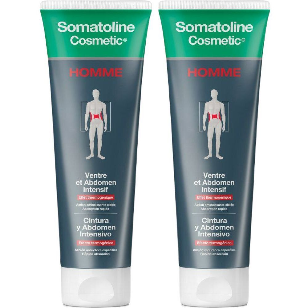 Deux tubes de Somatoline Cosmetic Homme. Emballage vert et blanc avec nom du produit et illustration d'un homme.