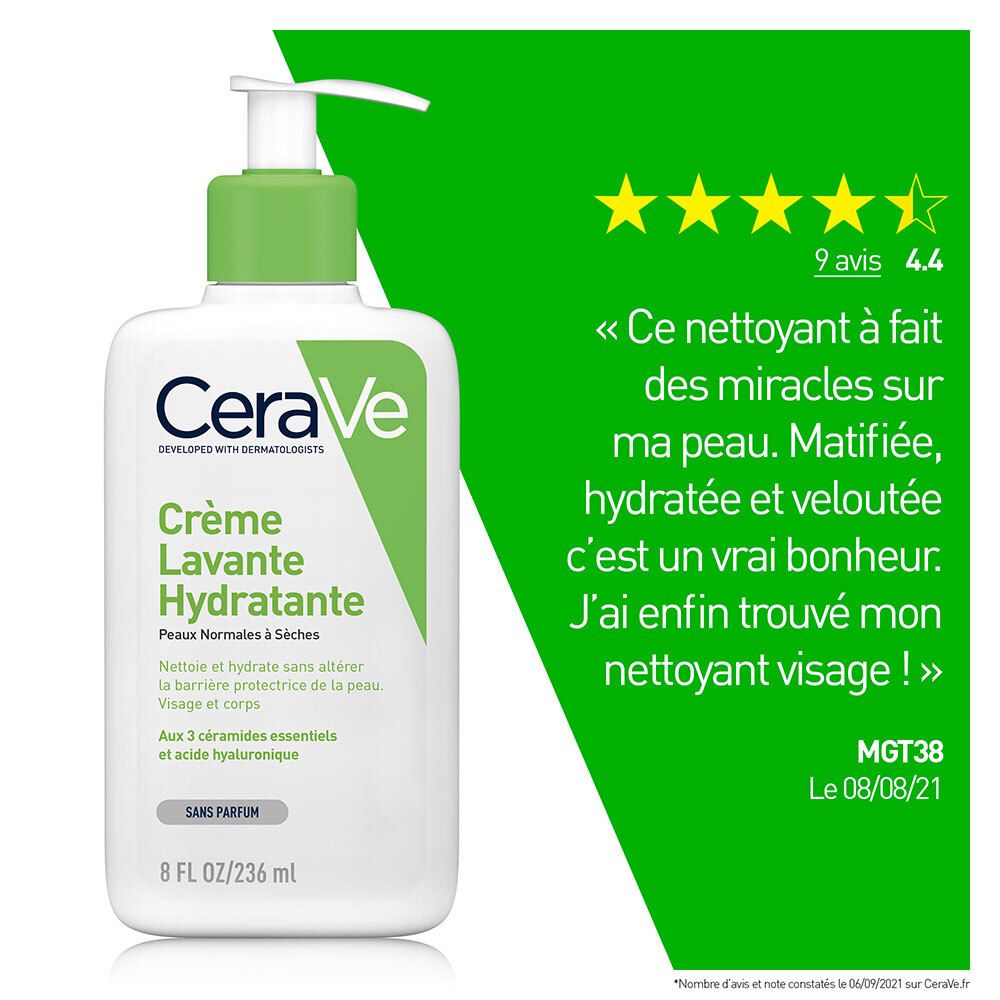 CeraVe Crème Lavante Hydratante visage et corps pour les peaux sèches à très sèches 236ml