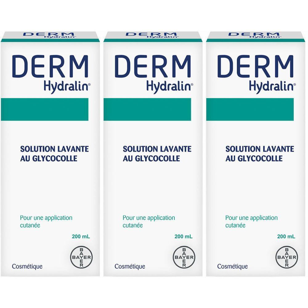 Drei weiße Schachteln mit blauer und grüner Beschriftung. Aufschrift: DERM Hydralin, Solution Lavante au Glycocolle. Bayer-Logo.