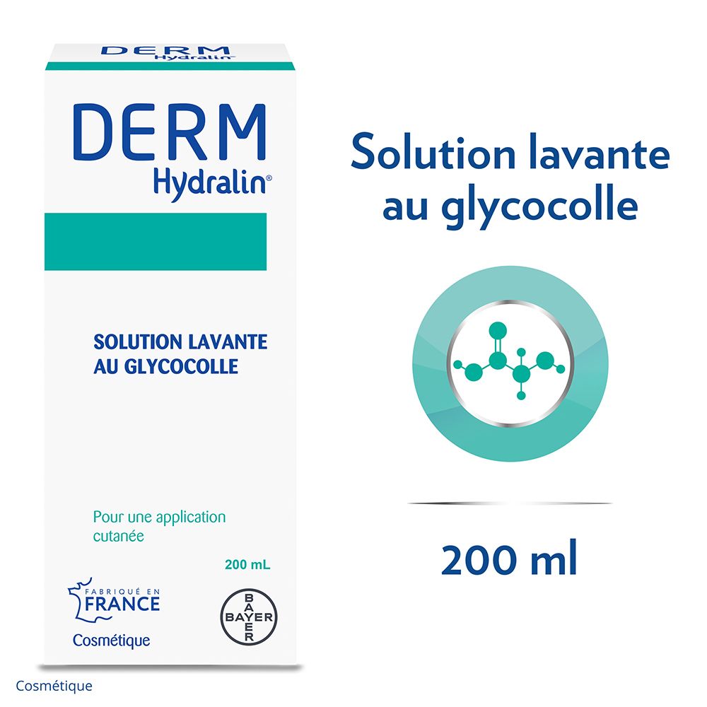Weiße Schachtel mit blauer und grüner Beschriftung. Aufschrift: DERM Hydralin, Solution Lavante au Glycocolle. Bayer-Logo. 200 ml.
