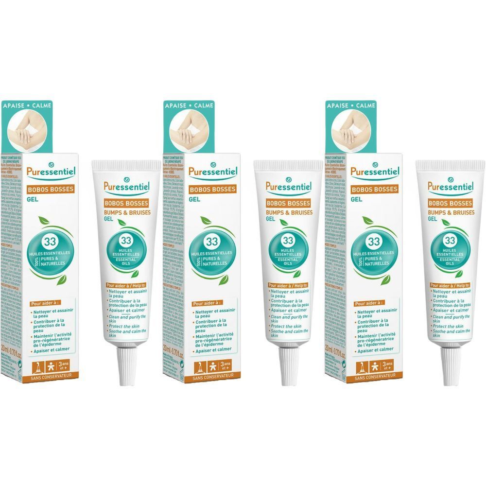 Mehrere Tuben und Verpackungen von Puressentiel Gel. Aufschrift: Bobos Bosses, 33 Huiles Essentielles. Grün-weißes Design.