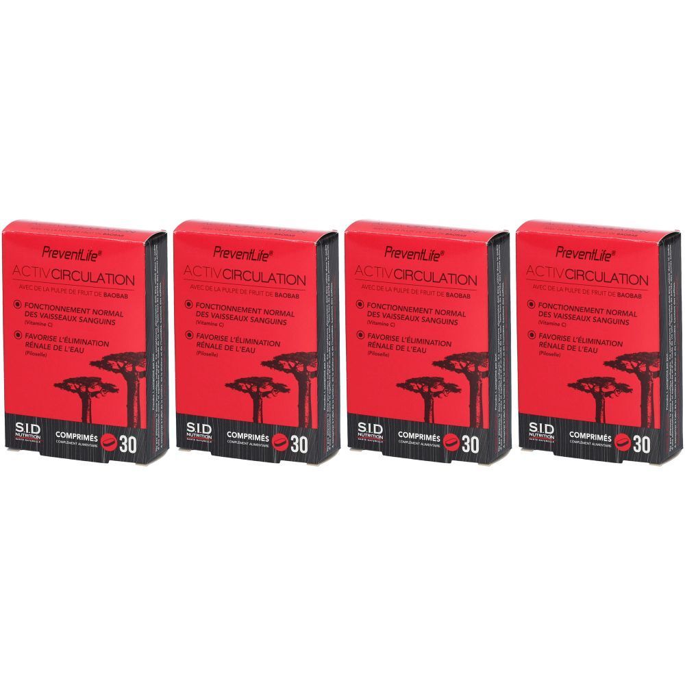 Vier rote Schachteln mit der Aufschrift "PreventLife ACTIVCIRCULATION". Jede Schachtel enthält 30 Tabletten.