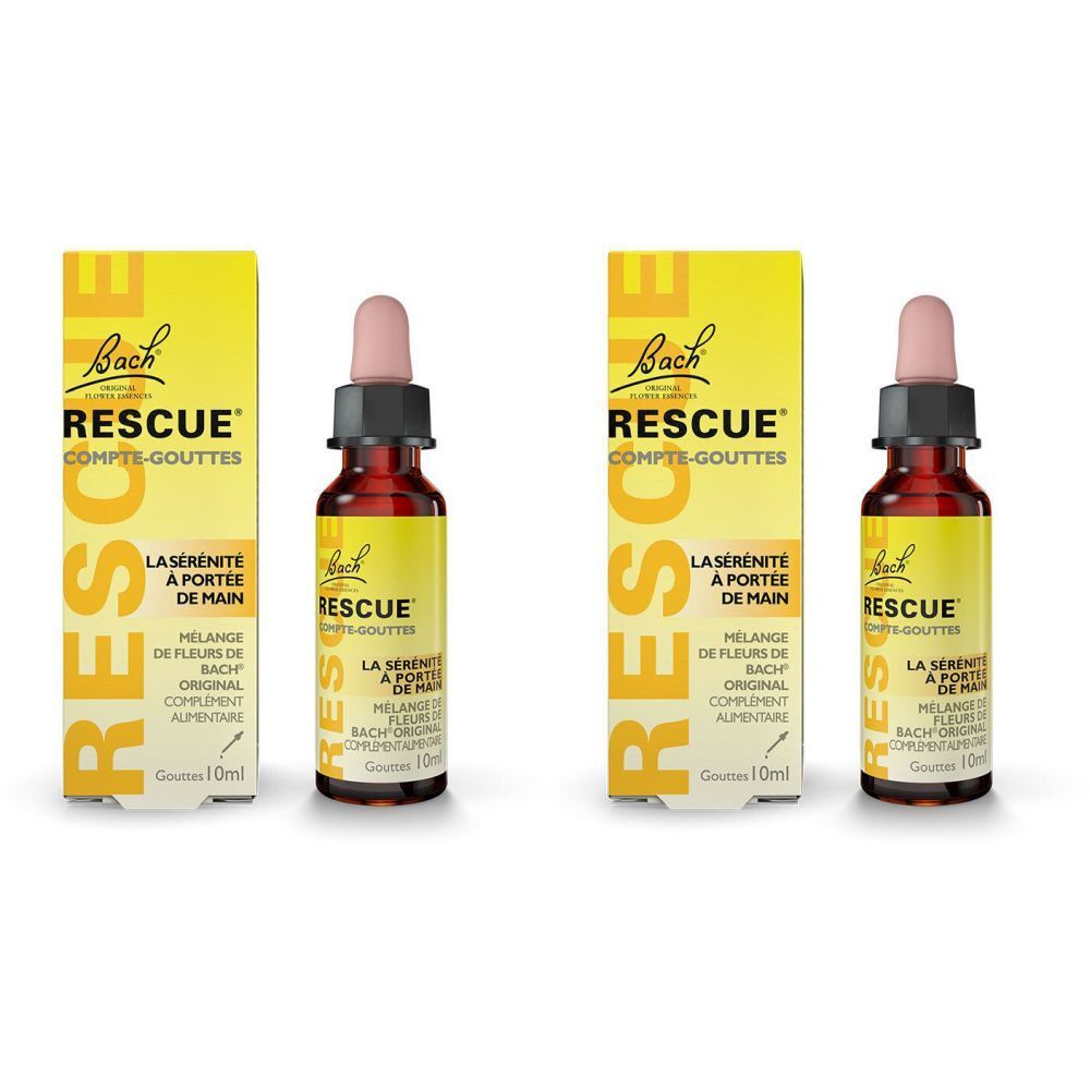 Deux flacons compte-gouttes et boîtes jaunes. Inscription: RESCUE, COMPTE-GOUTTES, Mélange de Fleurs de Bach. Flacons contenant un liquide brun.