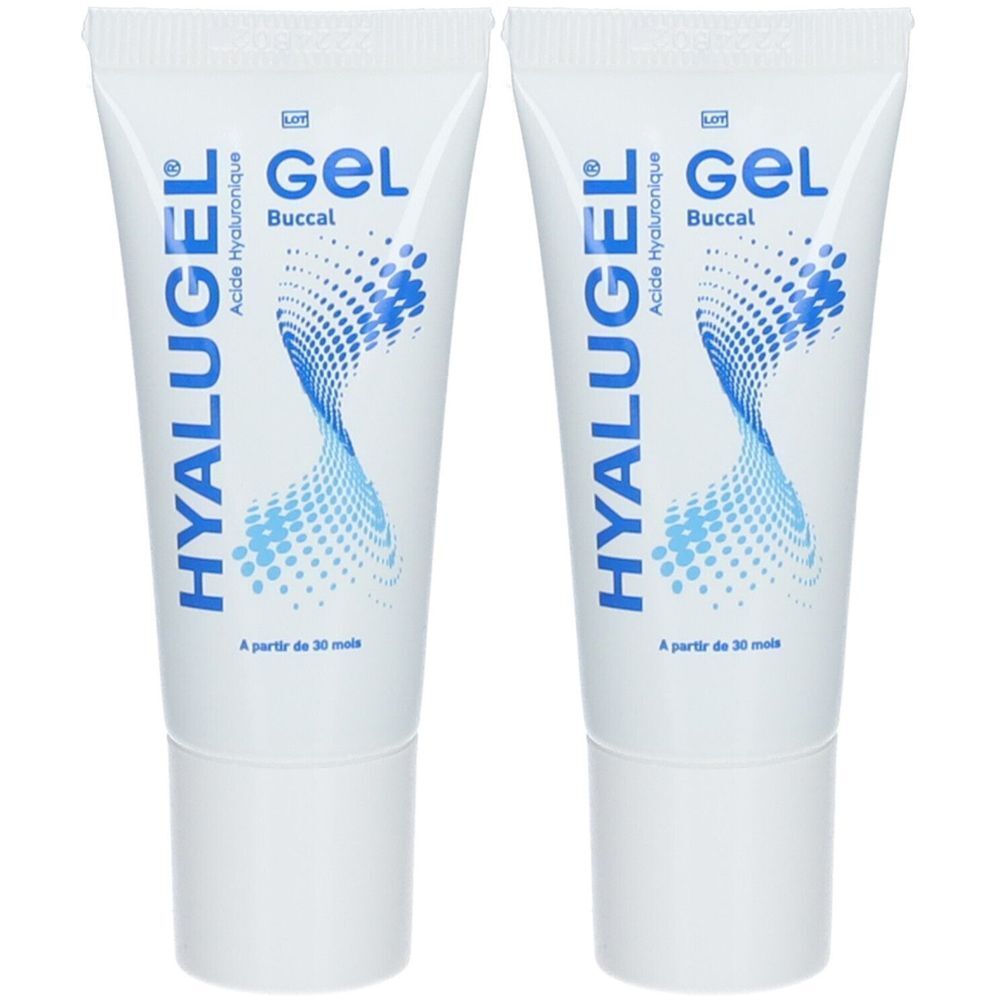 Deux tubes blancs. Sur chaque tube, HYALUGEL, Gel Buccal et Acide Hyaluronique en bleu. Texte en bas: À partir de 30 mois.